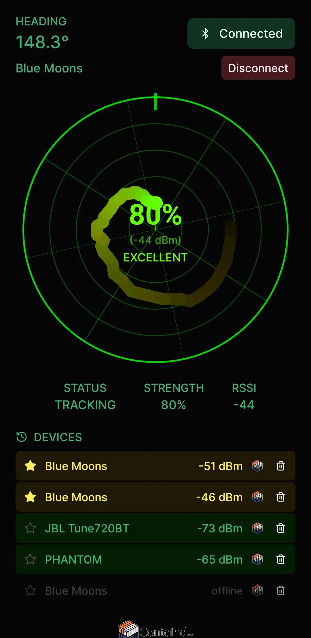 Beacon Scout mobile app screenshot. A trail of a scanned item on the radar like screen with the user turning while the item is coming closer.
