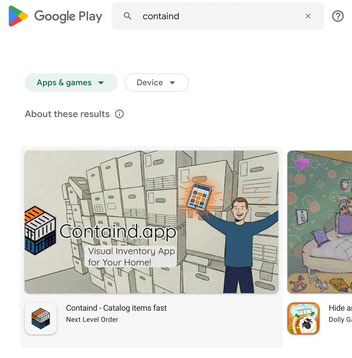 Screenshot of google play site when searching for containd after it was published.