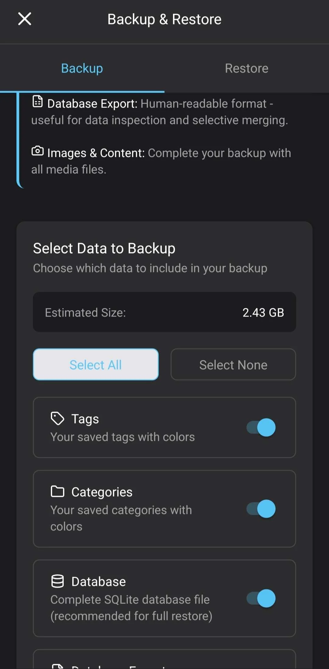 Screenshot des Backup-Menüs der Containd-App.