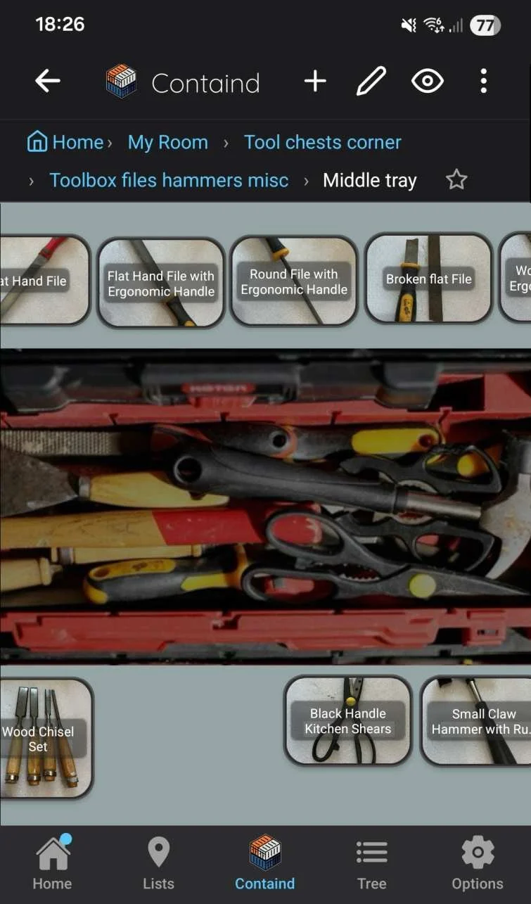 Tools manually mapped to a tray of a toolbox in Containd.