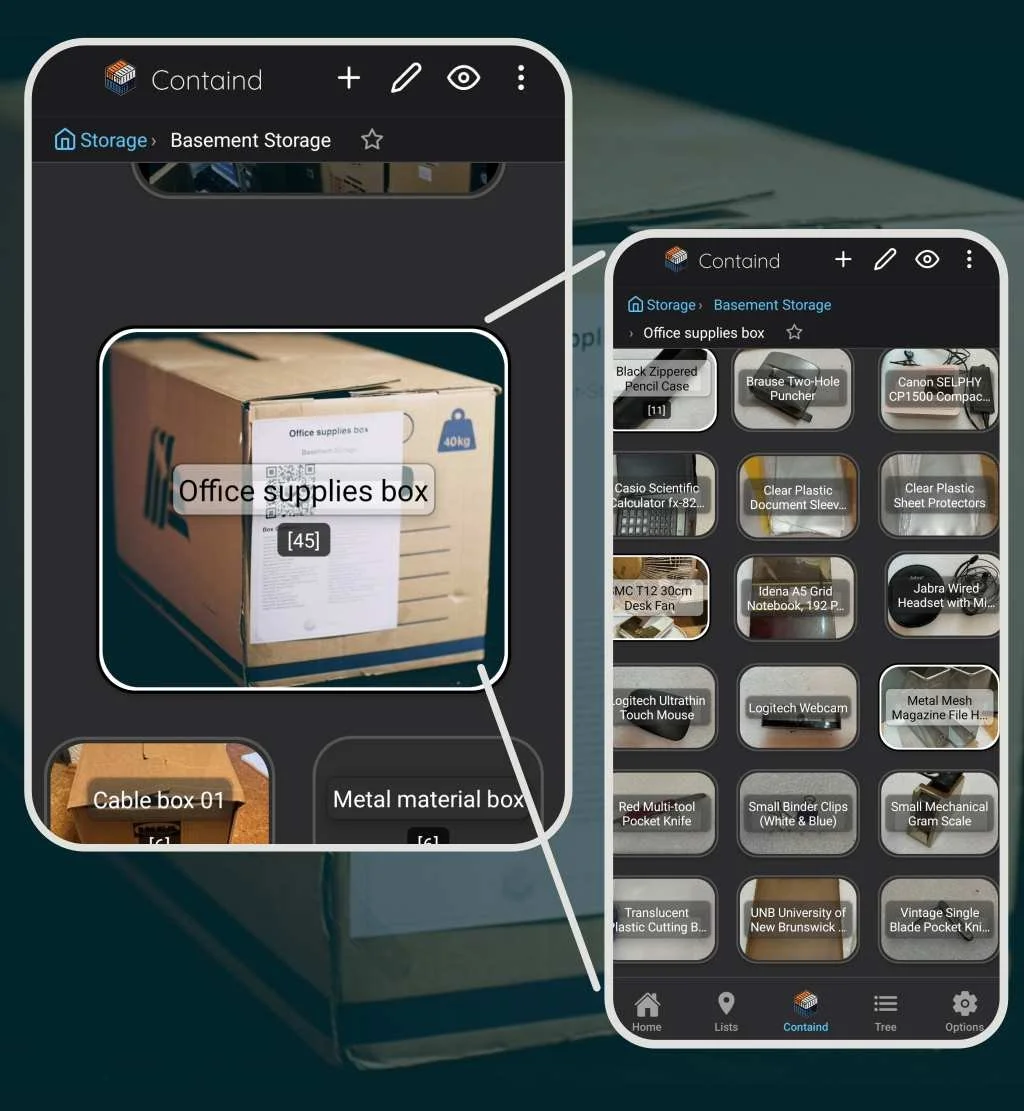 be easily stored in a hirachical nature, "inside" the box items in the Containd inventory.	Illustration: Die hierarchische Speicherung von Kartoninhalten – Gegenstände werden übersichtlich „innerhalb“ der Box-Einträge im Containd-Inventar abgelegt.