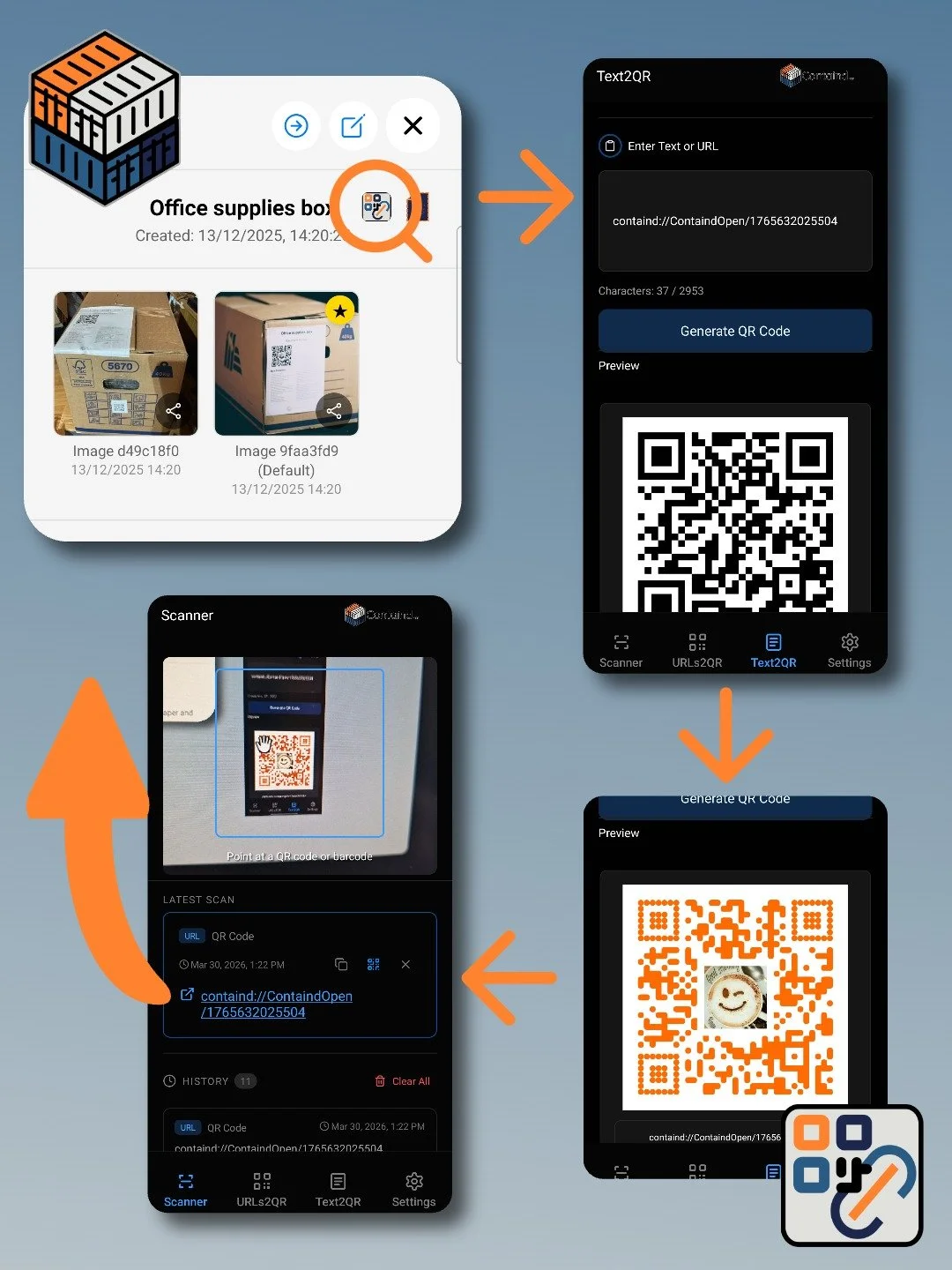 Steps to customize a QR code for an office supplies box from the Containd app in the URLs2QR app, including viewing images of the box, scanning the QR code, and creating the QR code with custom content.