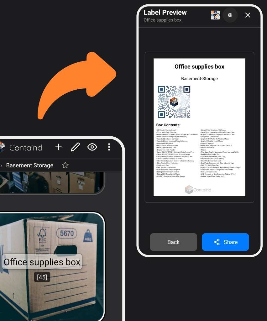 Illustration: Erstellung einer vollständigen Bestandsliste für Kartons inklusive scanbarem QR-Code aus einem Behälter angelegt in der App.