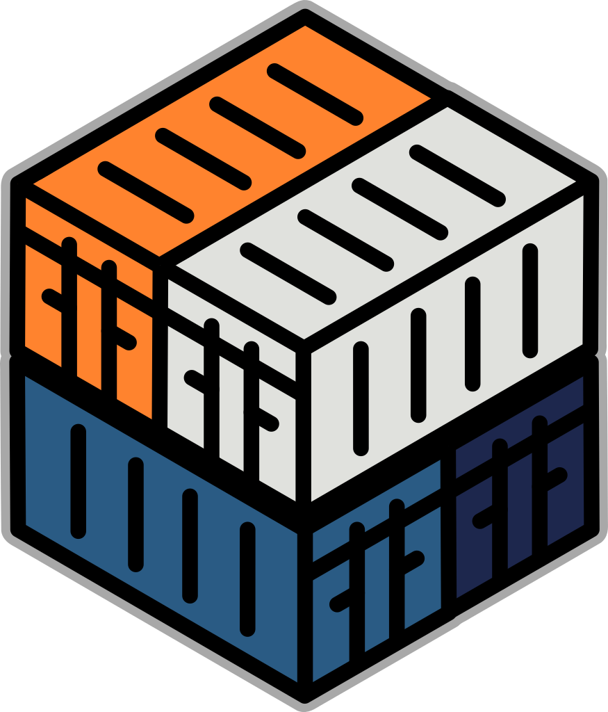 Containd App logo. An isometric illustration of three stacked shipping containers in orange, white, and blue.