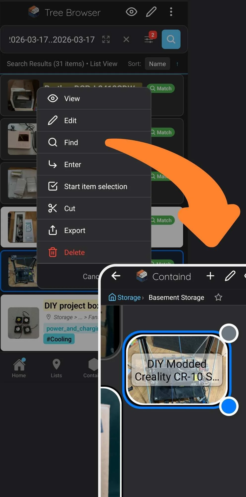 Illustration: Lokalisierung eines Suchergebnisses auf der Leinwand über die „Finden“-Option im Kontextmenü der Containd-App.