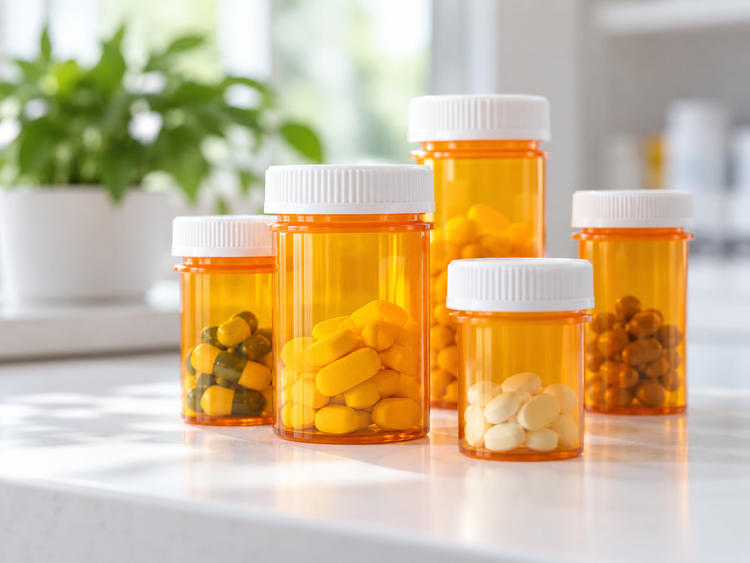 Prescription bottles on a pharmacy counter
