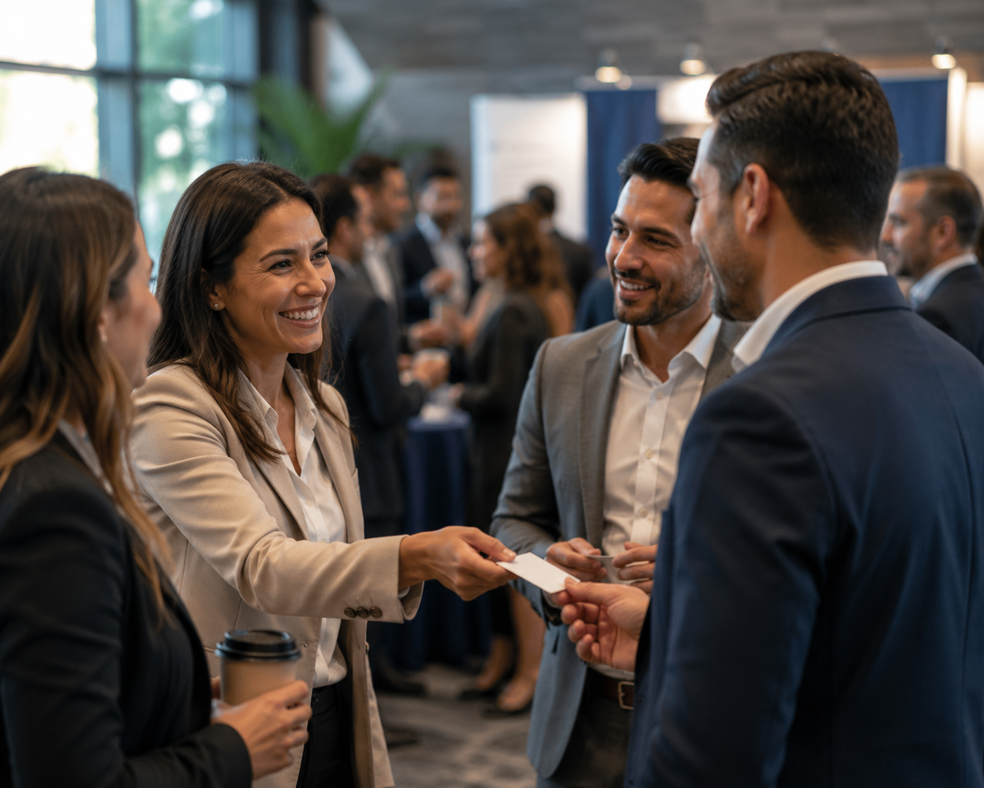 Business professionals connecting at a networking event