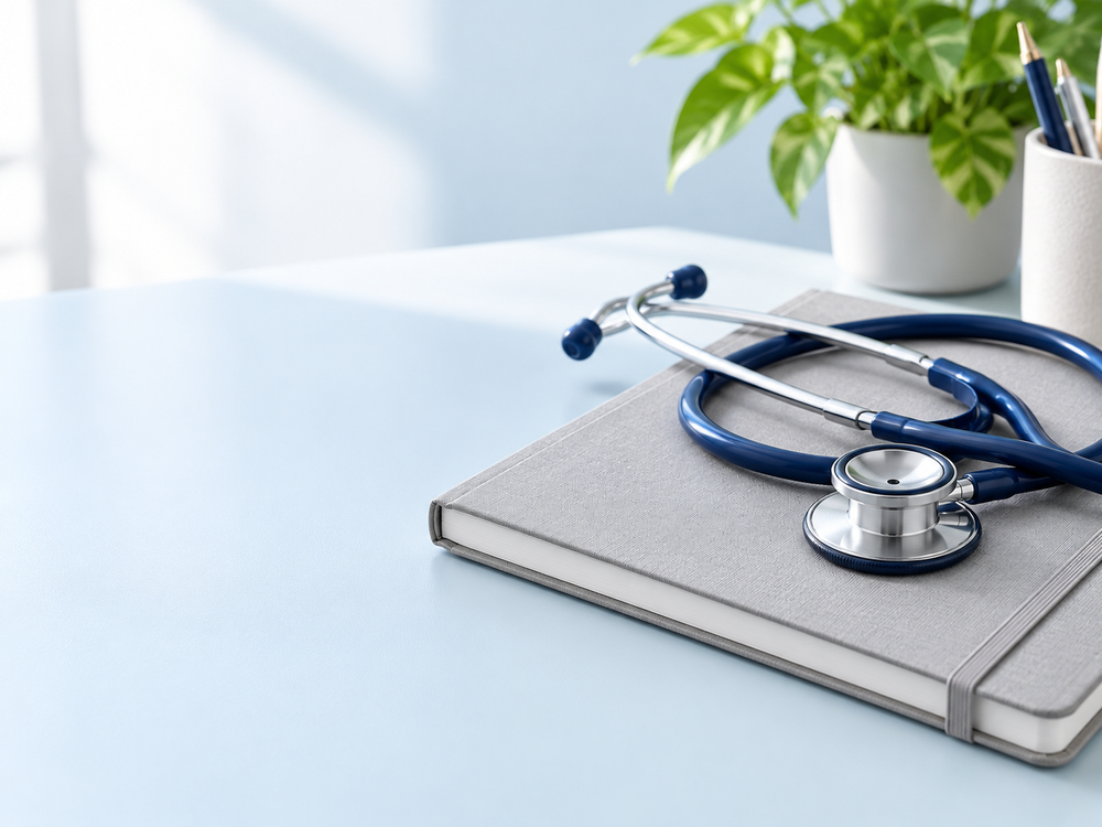 Stethoscope and study notebook on a desk
