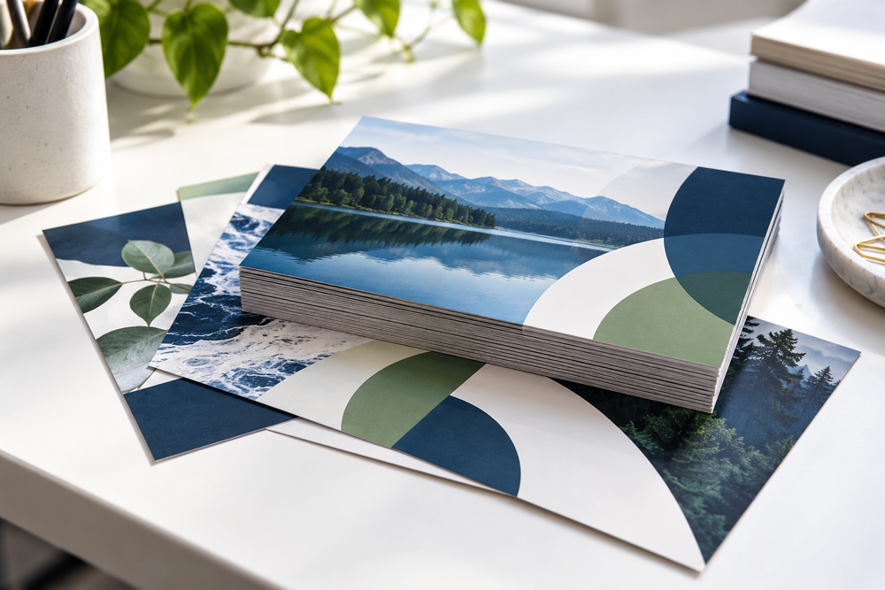 Printed postcards and flyers ready for a direct-mail project