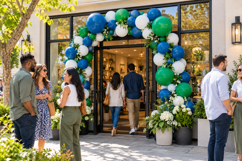 A neighborhood business opening with balloons