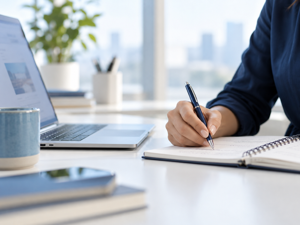 An adult learner taking notes beside a laptop