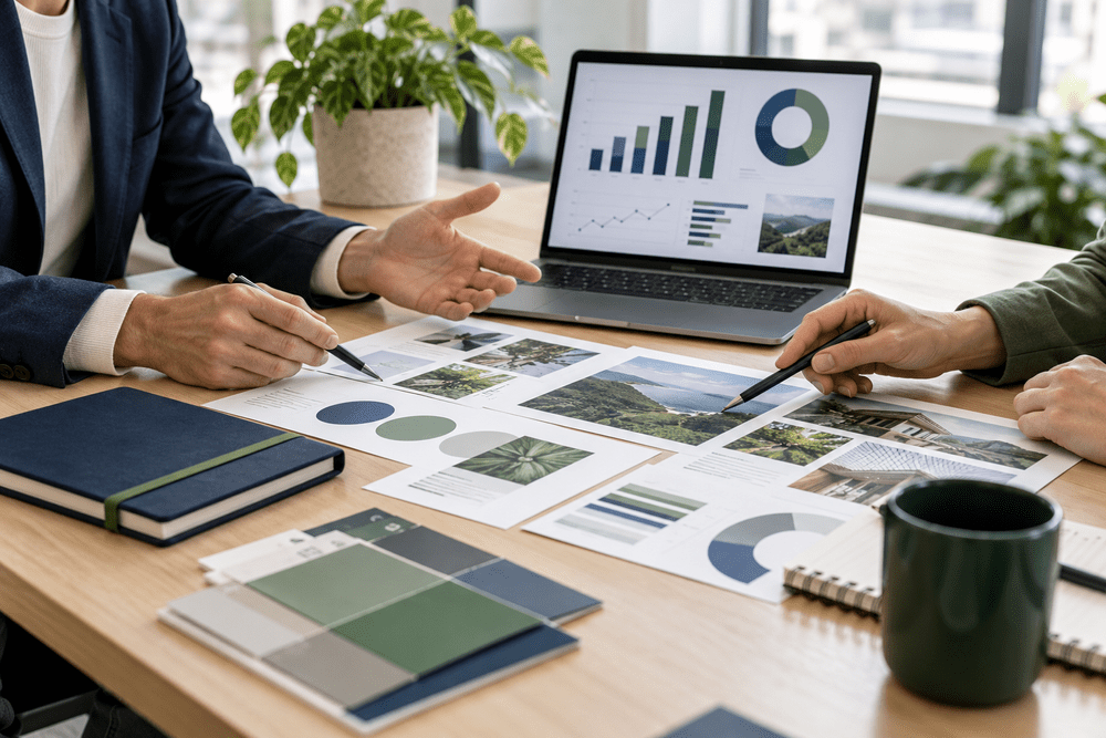 Marketing materials and campaign planning at an office desk