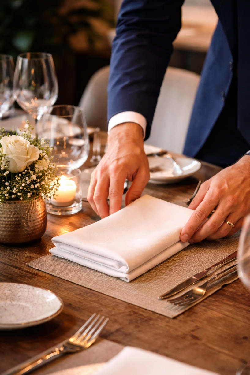 Une personne en costume ajuste une serviette blanche sur une table de dîner élégante avec des fleurs, des bougies, des verres à vin et des couverts en métal brillant.