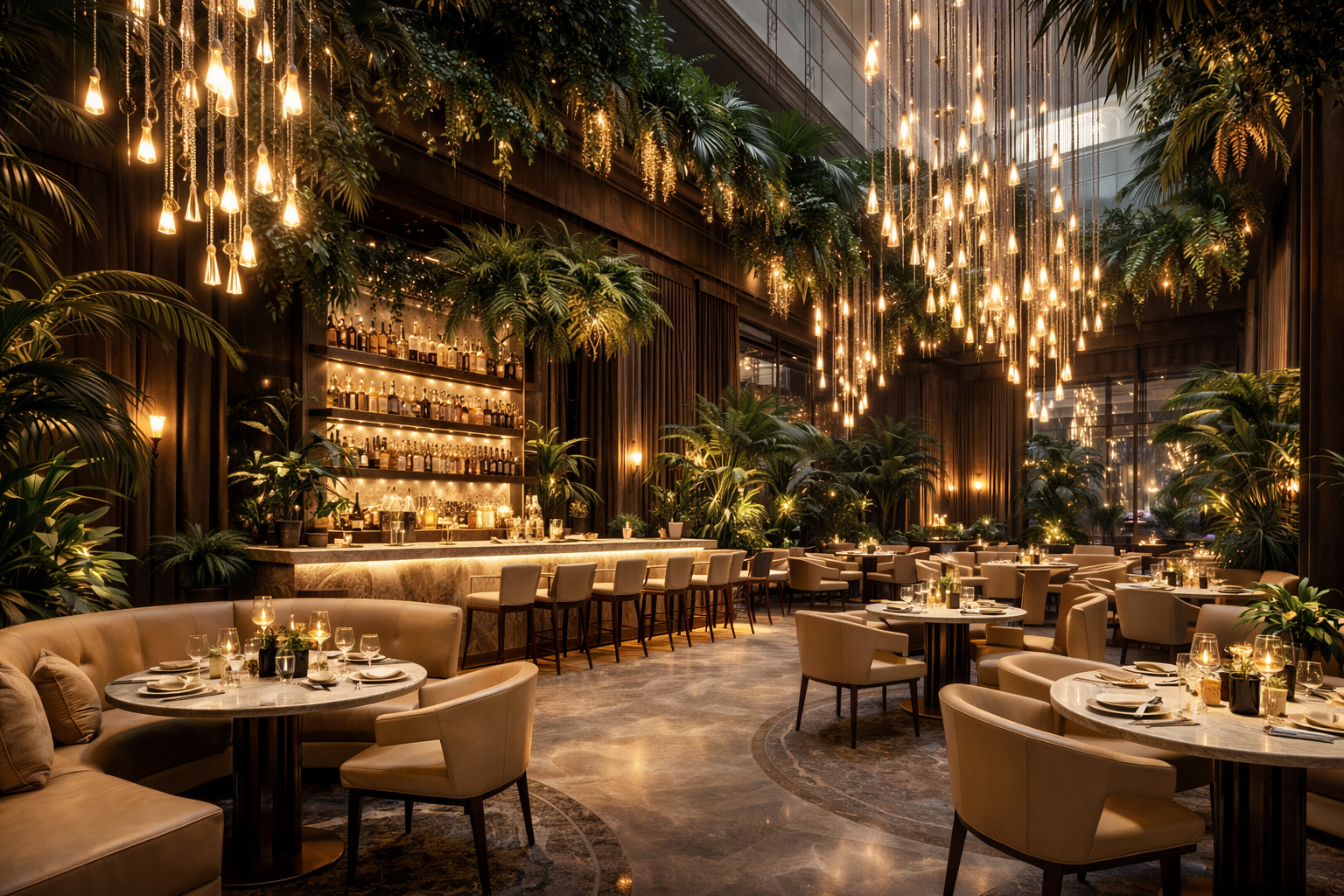 Un restaurant élégant avec un éclairage tamisé, des plantes vertes et un décor chic.