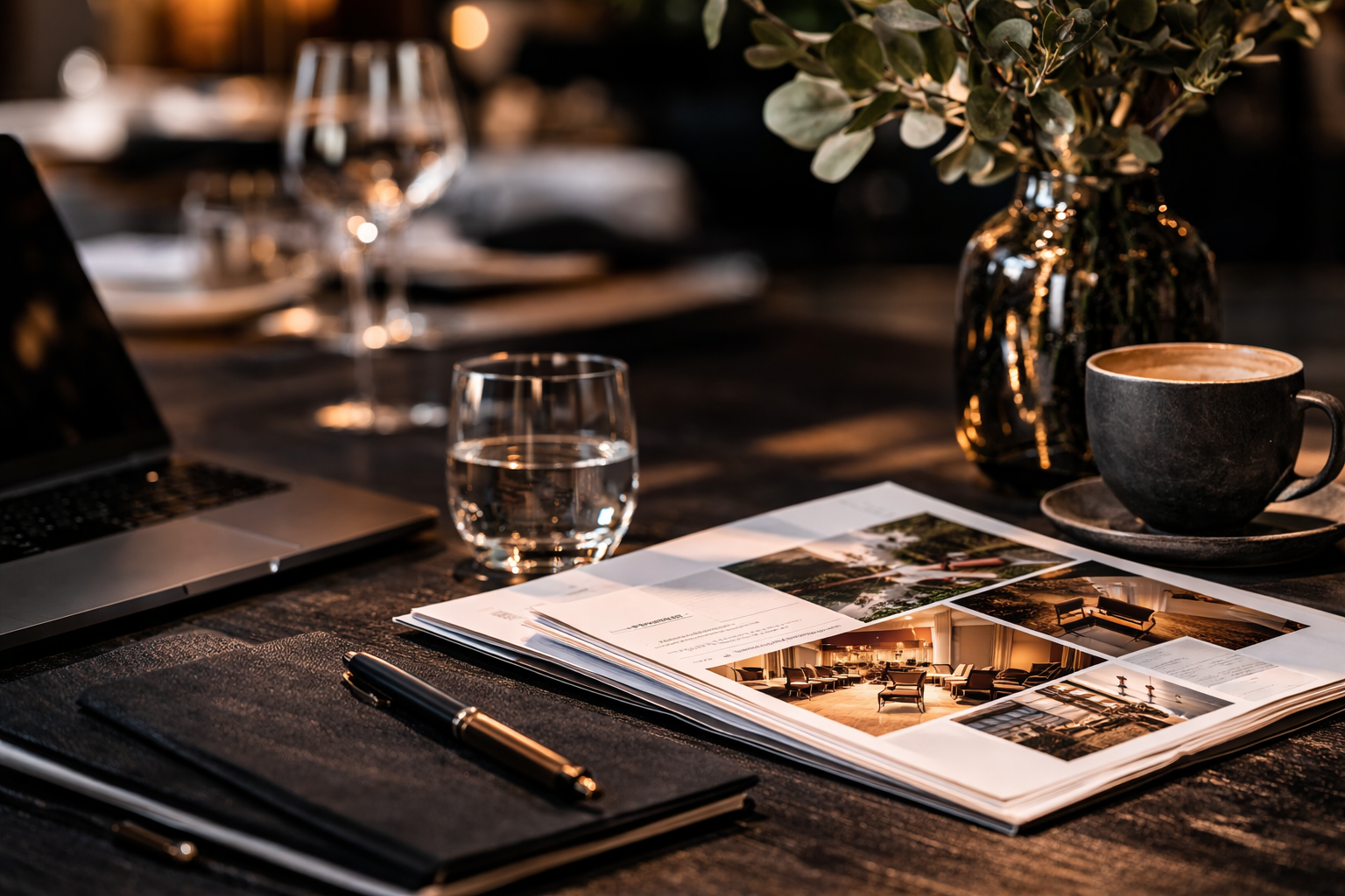 Un bureau avec une tasse à café noire, un verre d'eau, un ordinateur portable, un carnet avec un stylo, et des brochures ou magazines ouverts, devant une vase avec des feuilles vertes, dans un environnement professionnel ou de réunion.
