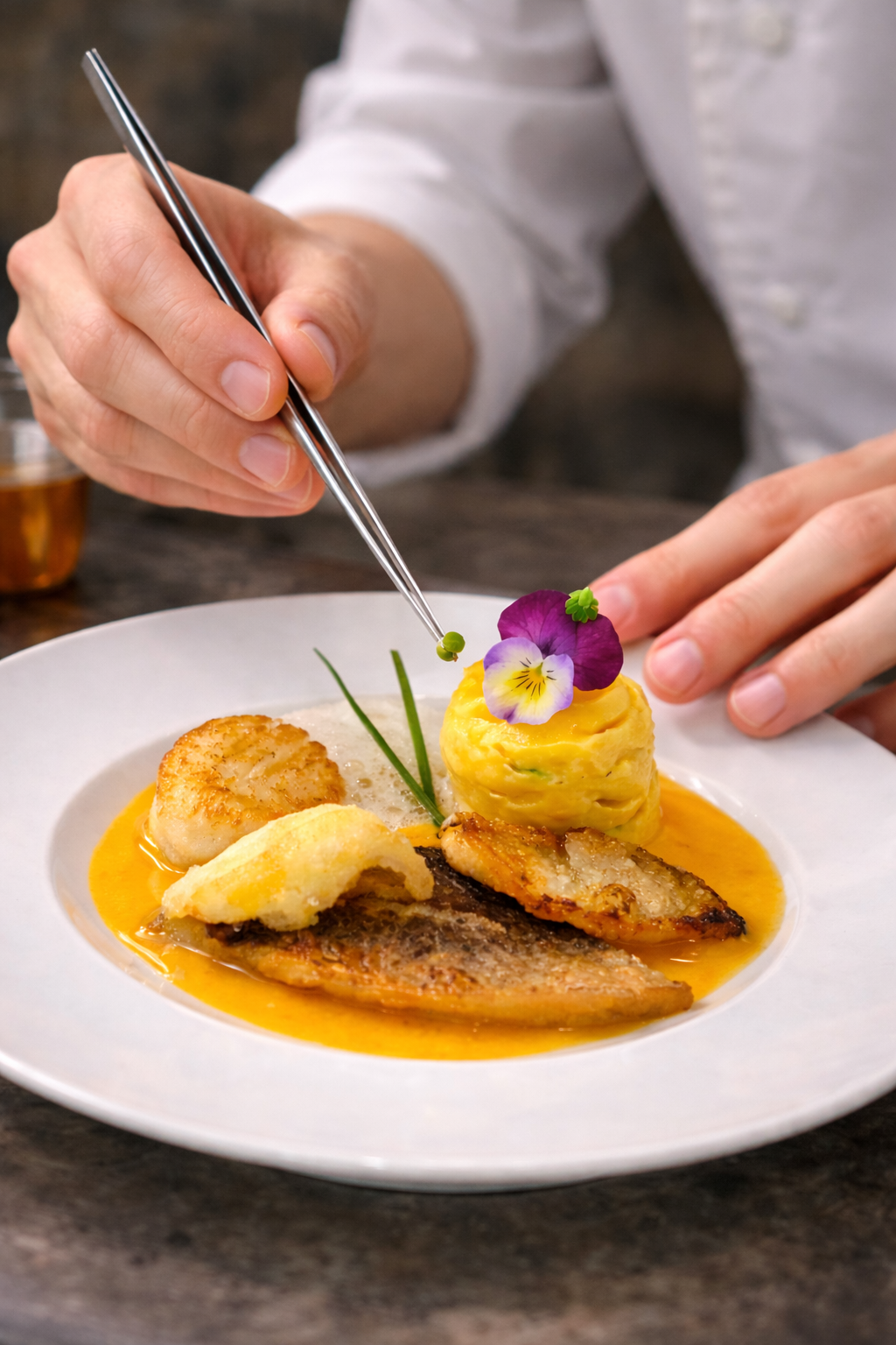 Une personne en train de garnir une assiette avec des fleurs comestibles et des légumes, contenant des plats de fruits de mer, en utilisant des pinces. Le plat semble être une préparation sophistiquée et artistique.
