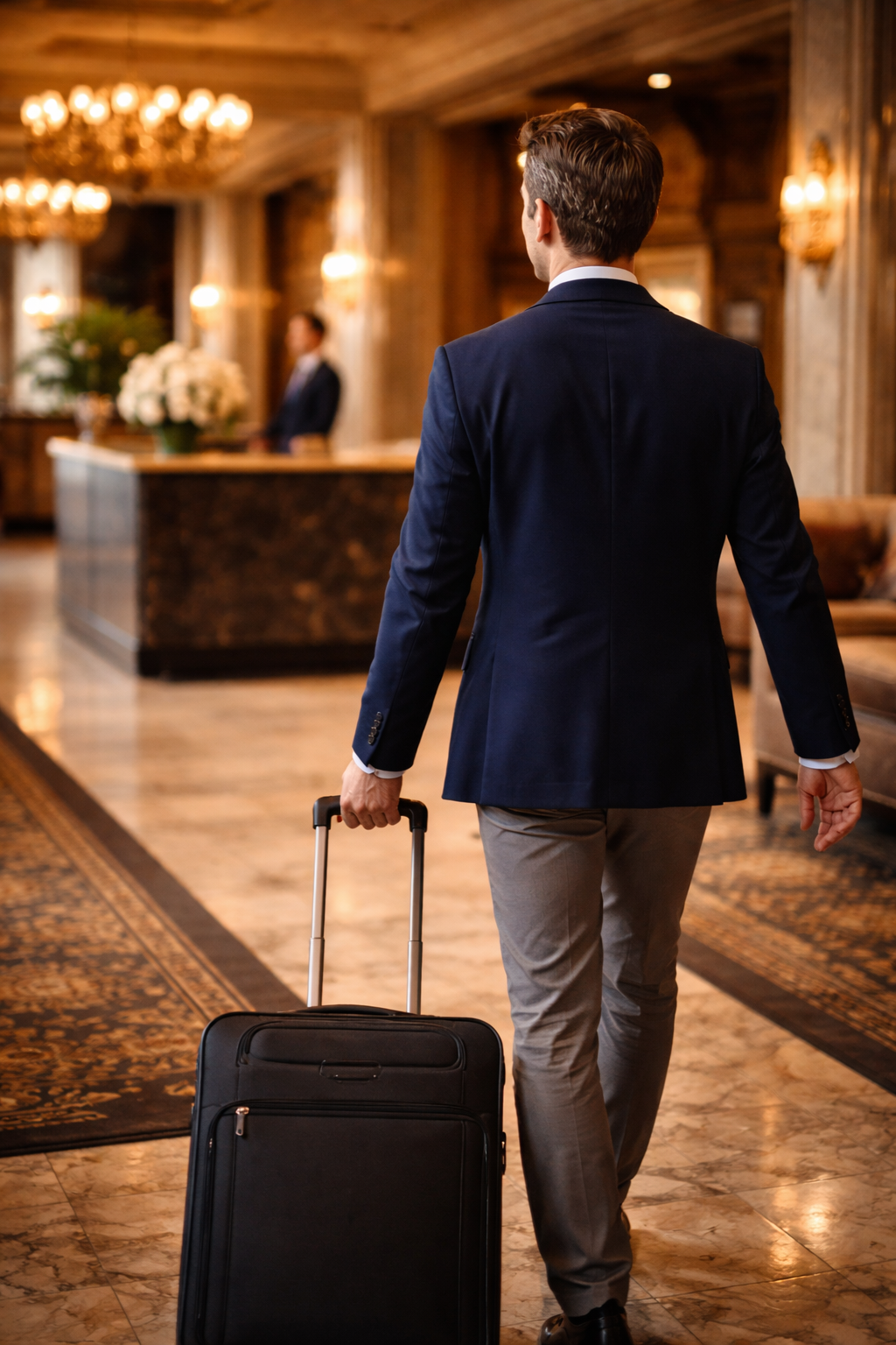 Homme en costume avec une valise en main dans un hall d'hôtel en bois avec de la lumière chaude et une réception en arrière-plan.