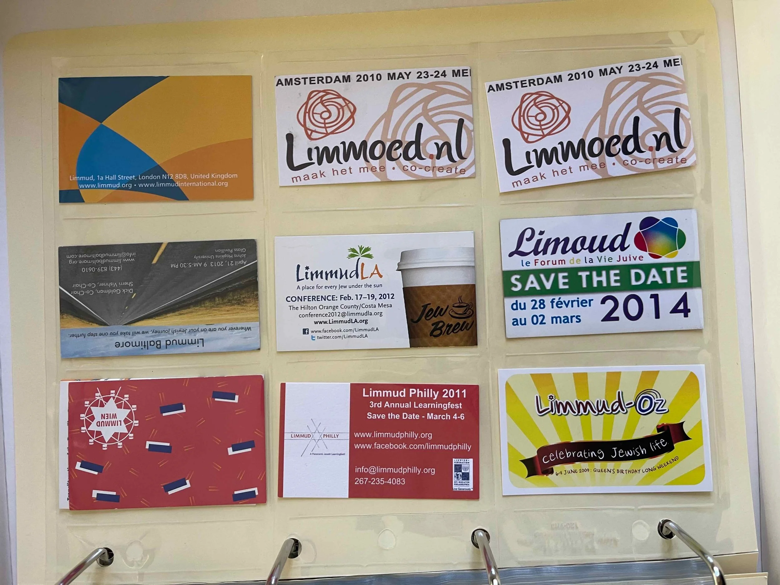 These are flyers and cards for Limmud events taking place internationally. These were gathered in archive binders and catalogued.