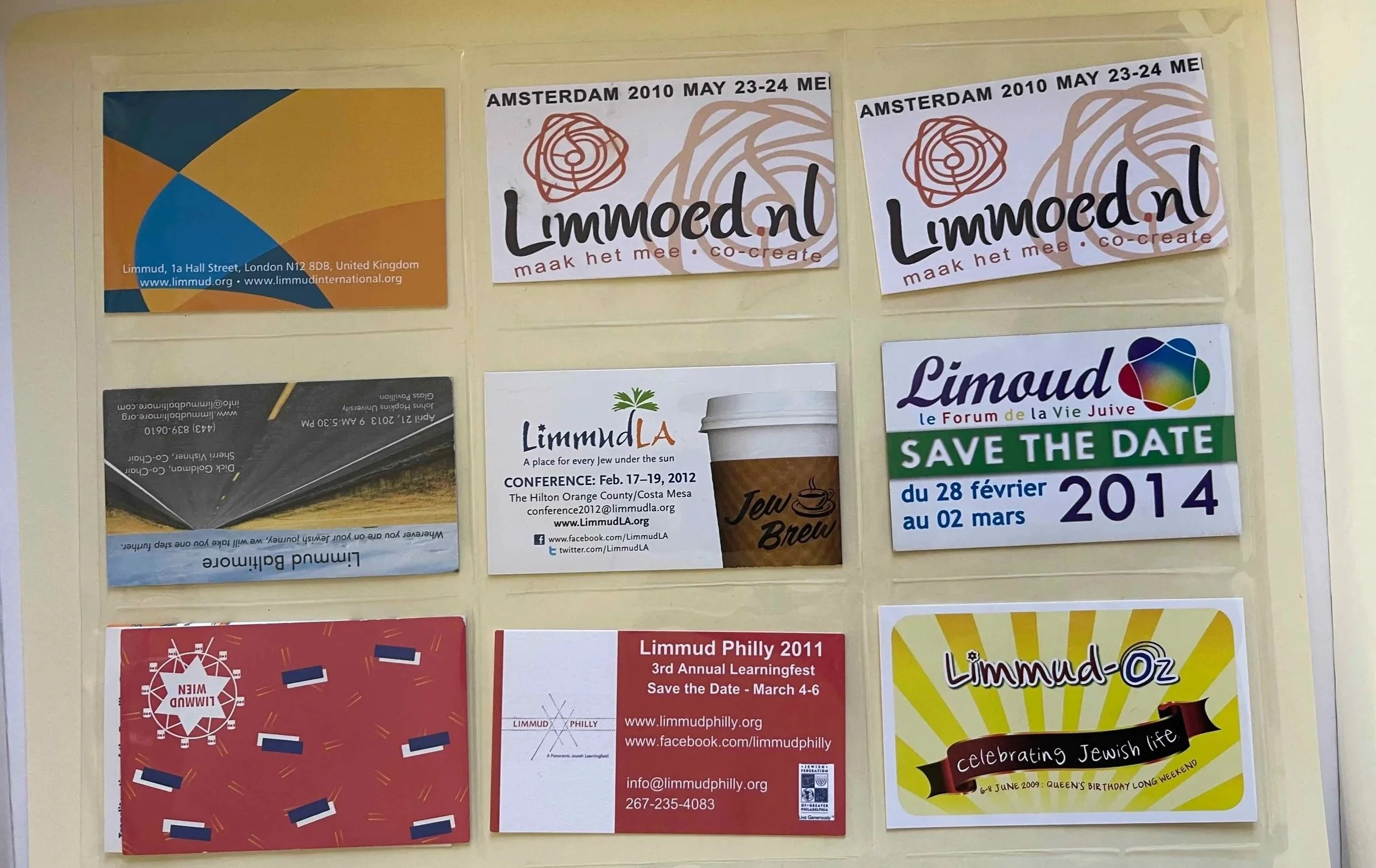 Ephemera, flyers and tickets from Limmud events from across the world. Bright and vibrant, each card advertises an event and are designed to catch the eye and the interest of festival goers.