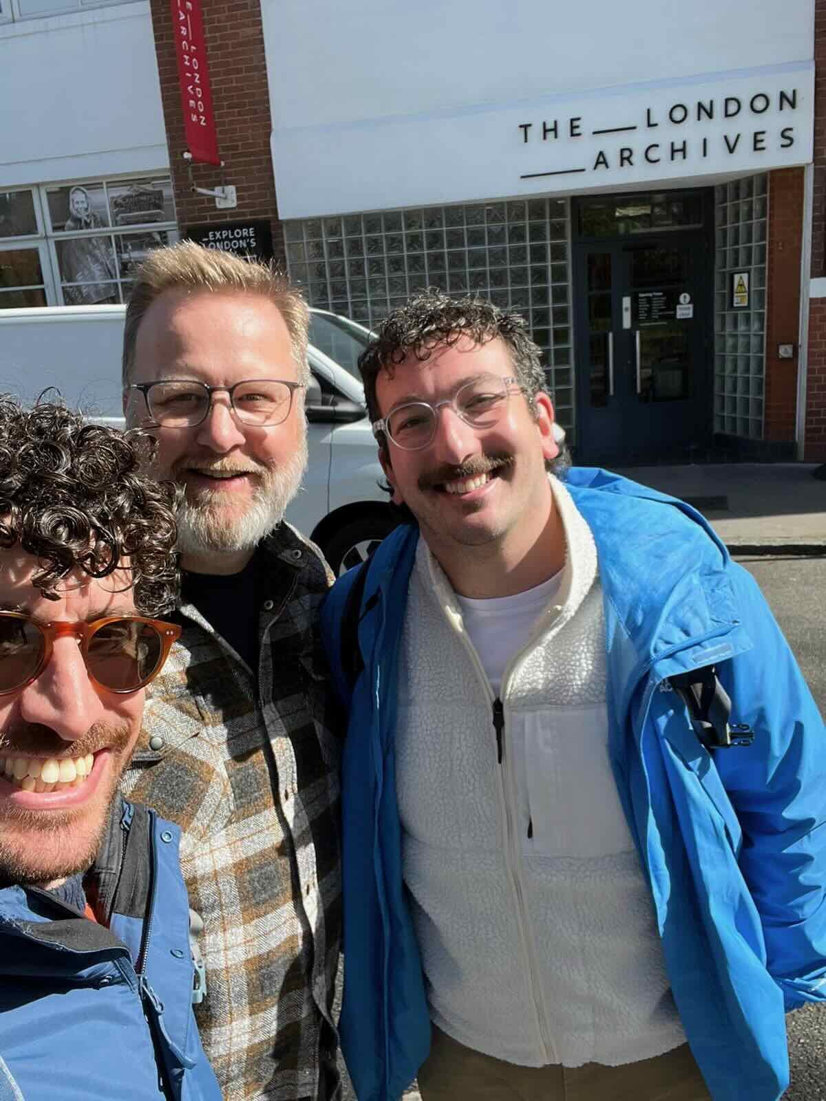 At the project's end, the archive was deposited with The London Archives for safe keeping. Adam Rossano and Joe Hyman from Limmud accompany the archive into its new home.