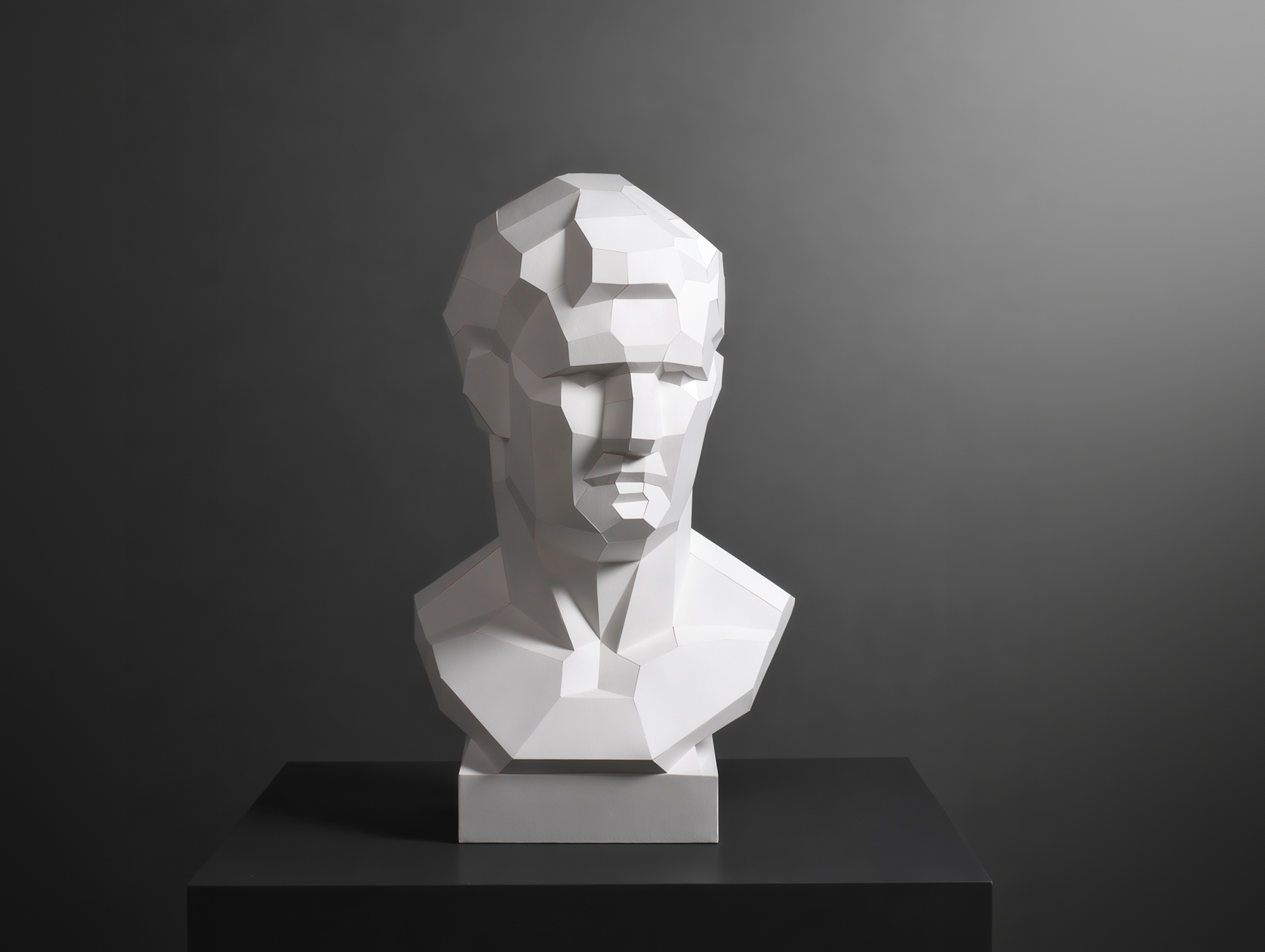A stoic low-poly Agrippa bust sculpture by LUMISCA on a pedestal. Dramatic chiaroscuro lighting on the geometric paper facets symbolizes grounded optimism and resilience.