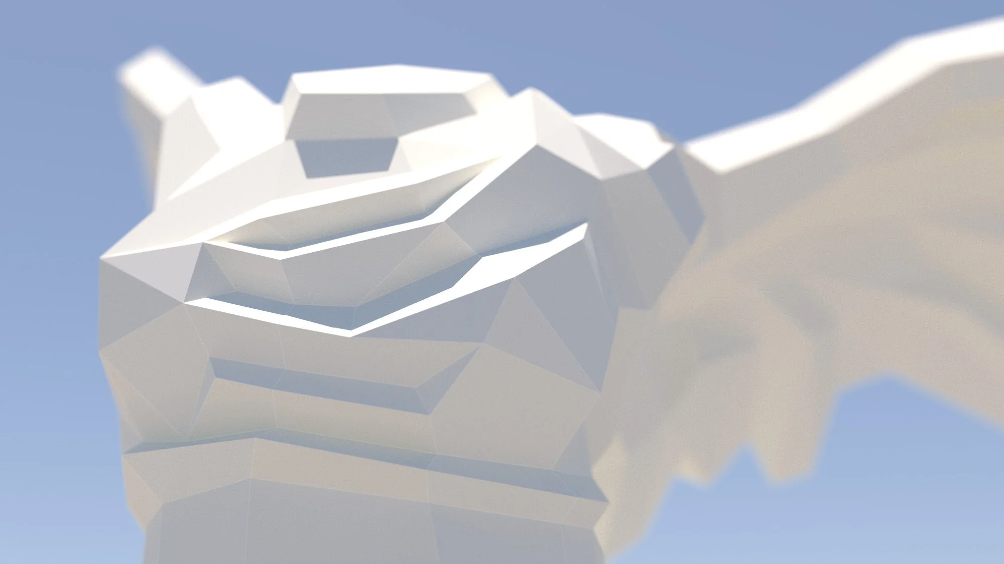 A dramatic close-up of the LUMISCA paper sculpture depicting the winged Nike of Samothrace, set against a vast and tranquil blue sky.
