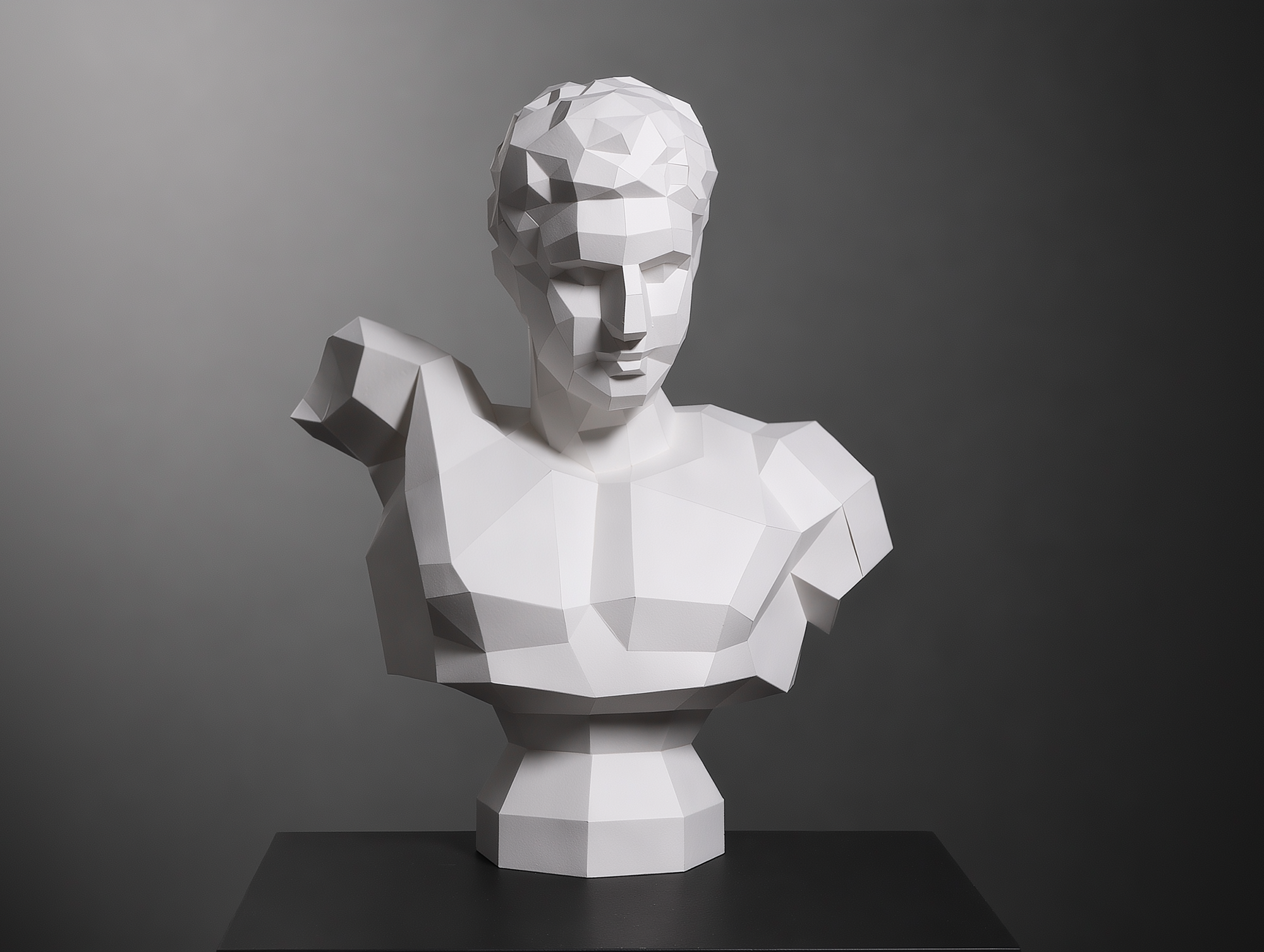 LUMISCA home main banner featuring a white low-poly Hermes bust. The sculpture demonstrates the brand's 'White Line' philosophy through dramatic light and shadow contrast.