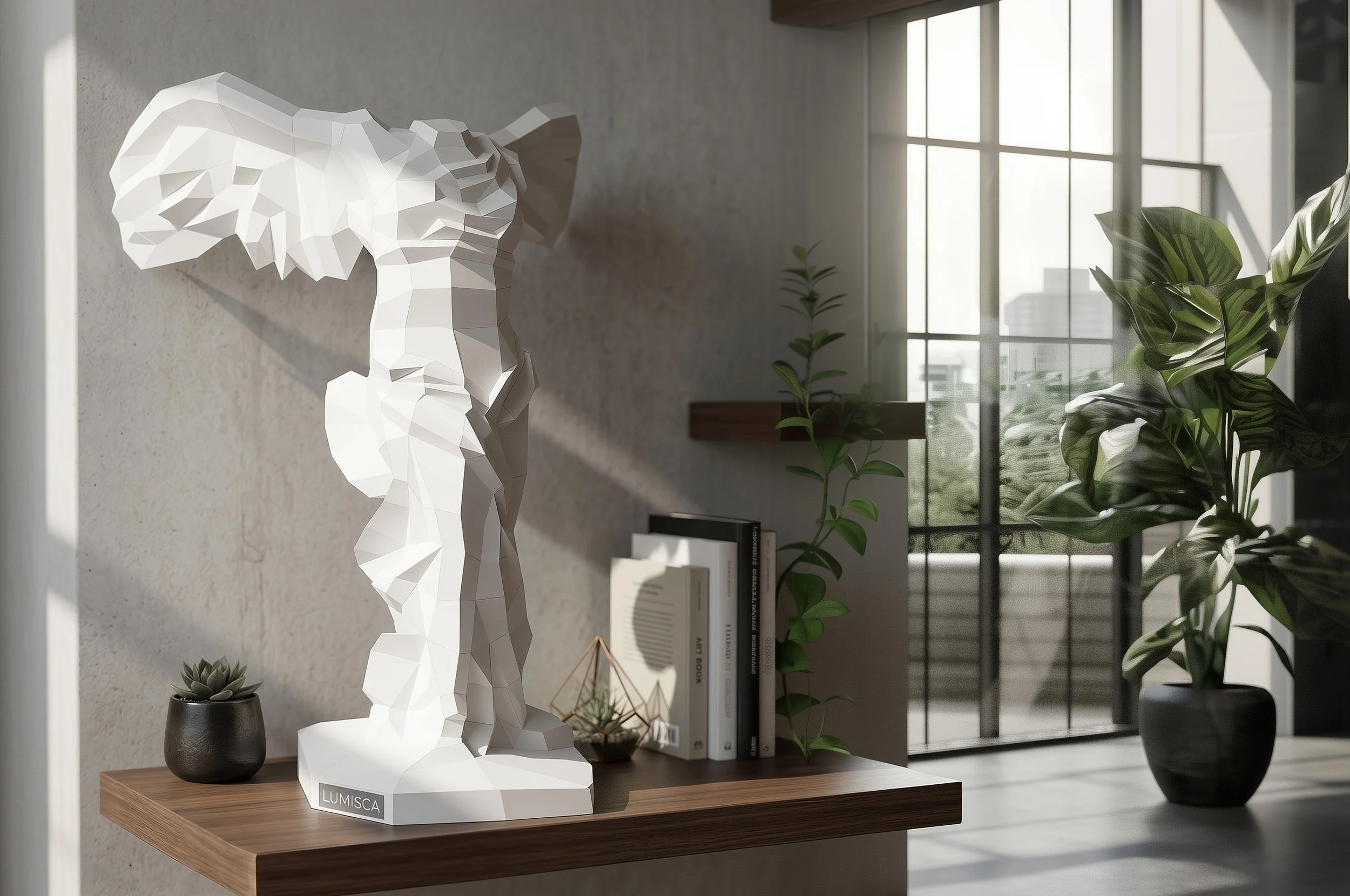 LUMISCA paper sculpture of the Nike of Samothrace in a minimalist white setting, capturing dynamic movement and the philosophical tension of light and shadow.