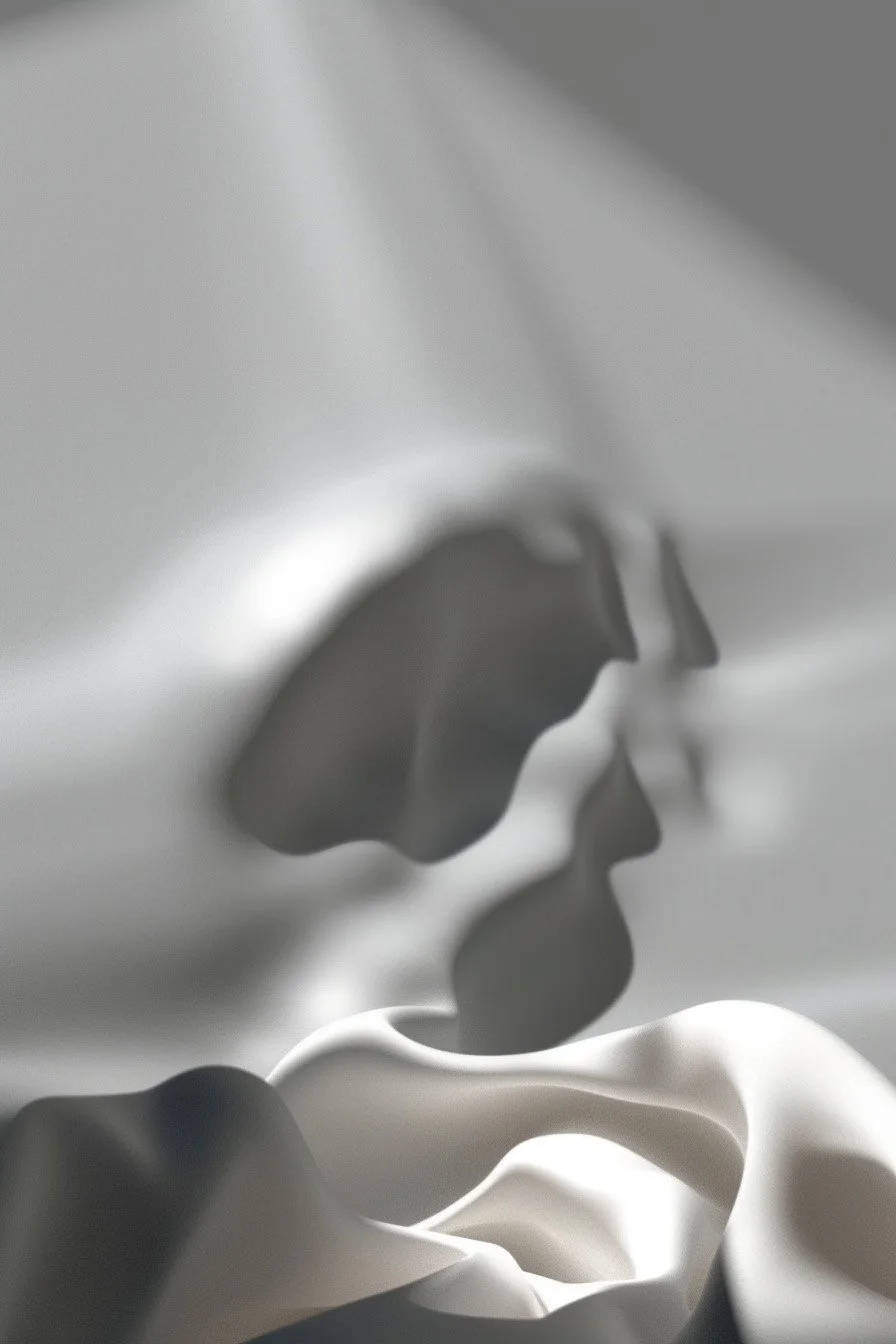 An abstract close-up of flowing paper art by LUMISCA, showing smooth gradients where bright light meets deep shadow, embodying the 'Dark Side & White Line' philosophy and resilience.