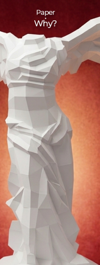 White low-poly paper sculpture of the Winged Victory of Samothrace, featuring geometric folds and angular planes against a warm red background.  Copy