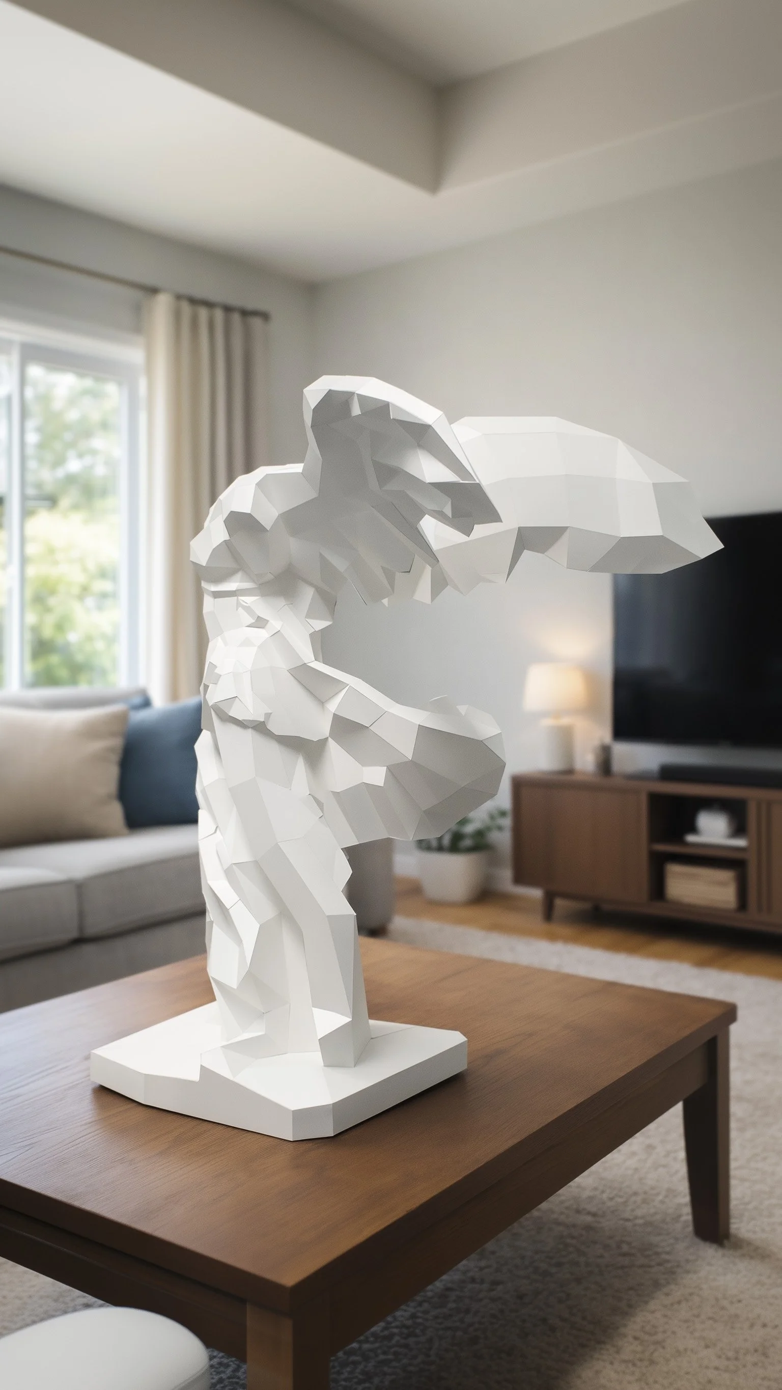 Lumisca paper sculpture inspired by the Nike of Samothrace used as minimalist paper art decoration in a modern living room