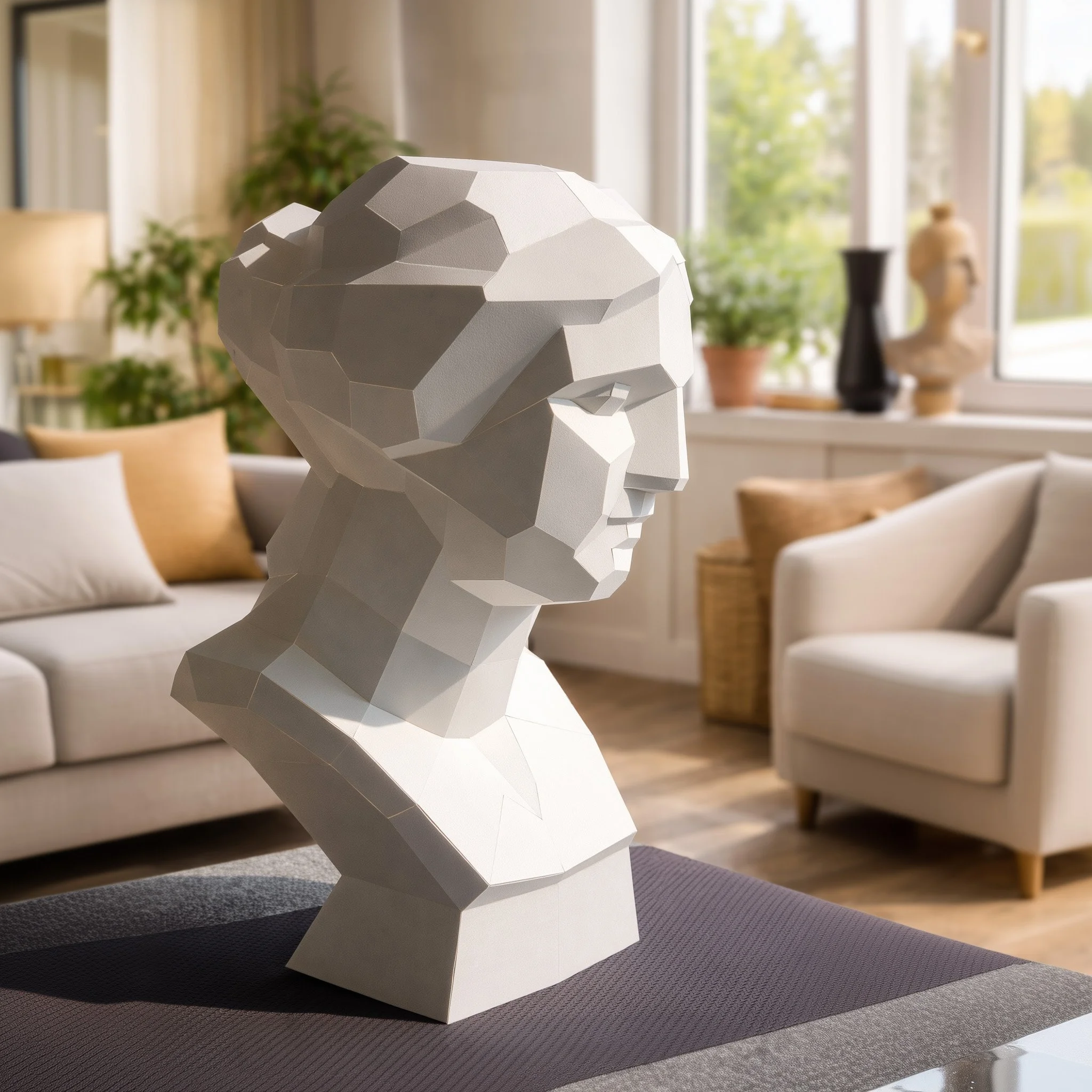LUMISCA's Venus low poly paper sculpture styled in a bright, modern living room, acting as a statement piece of philosophical interior design.