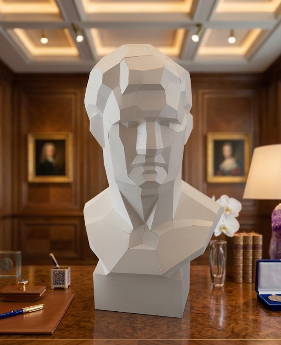 LUMISCA Agrippa bust, a calculated centerpiece, on a classic wood desk in an artisan's library showcasing geometric engineering.