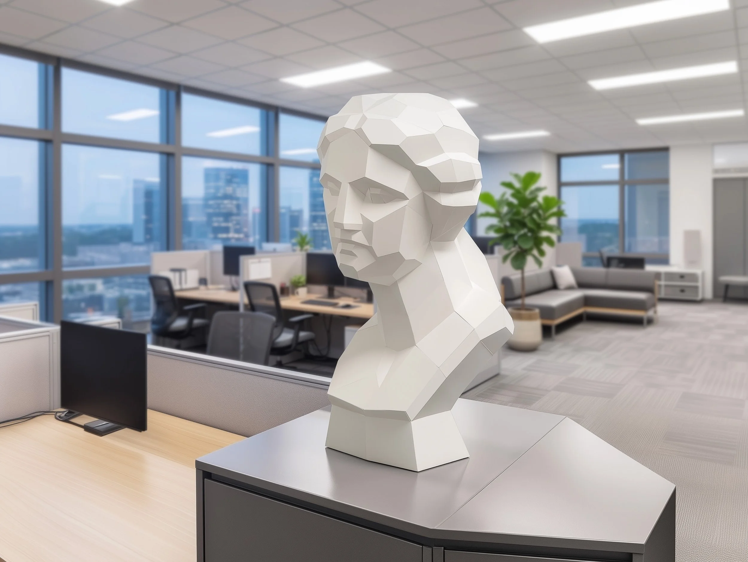 LUMISCA low poly paper sculpture of Venus placed in a modern workspace, demonstrating how geometric art brings philosophical balance and resilience to a professional interior.