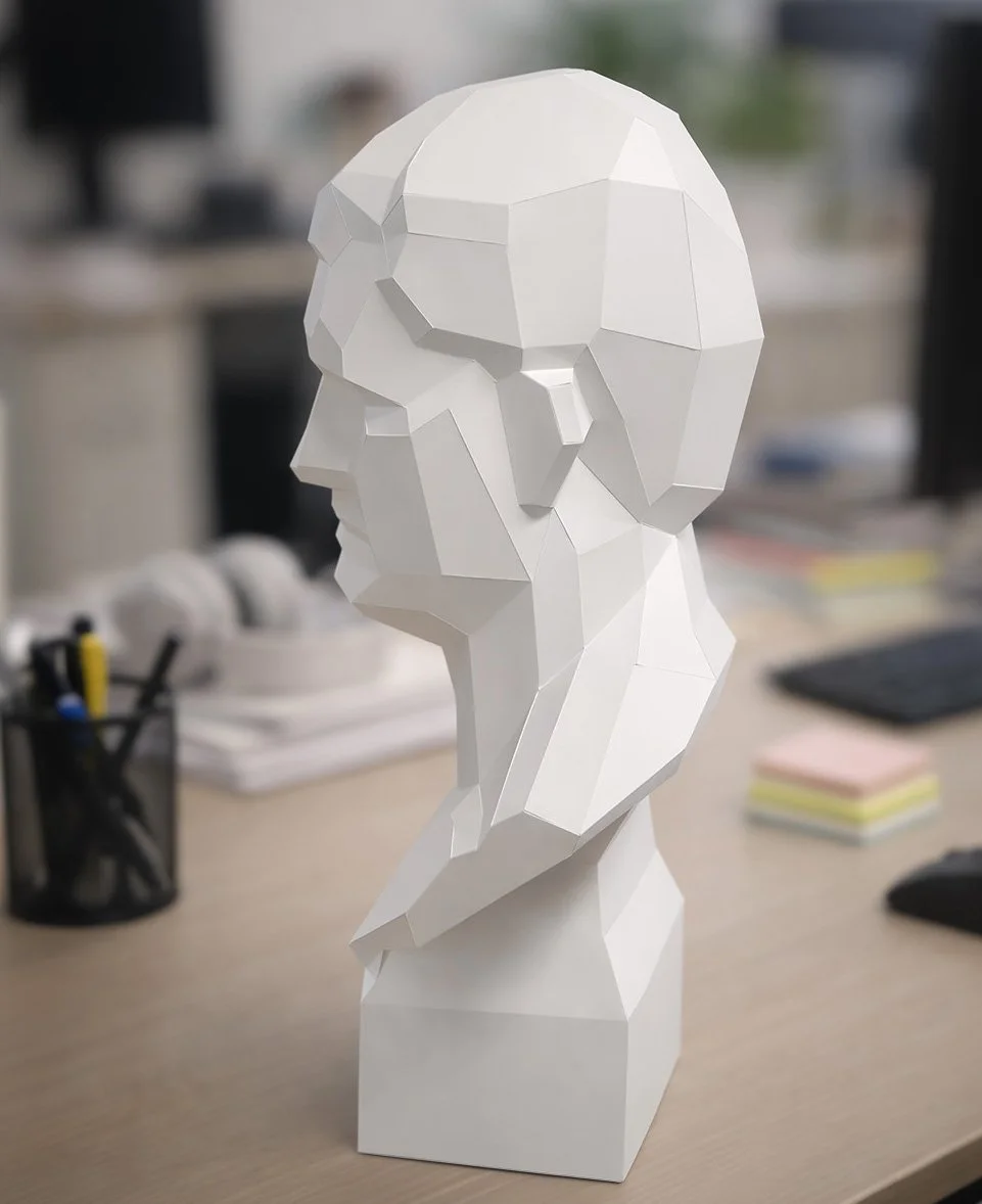 LUMISCA minimal Agrippa sculpture on a clean modern white office desk with headphones and stationery, offering geometric art decor.