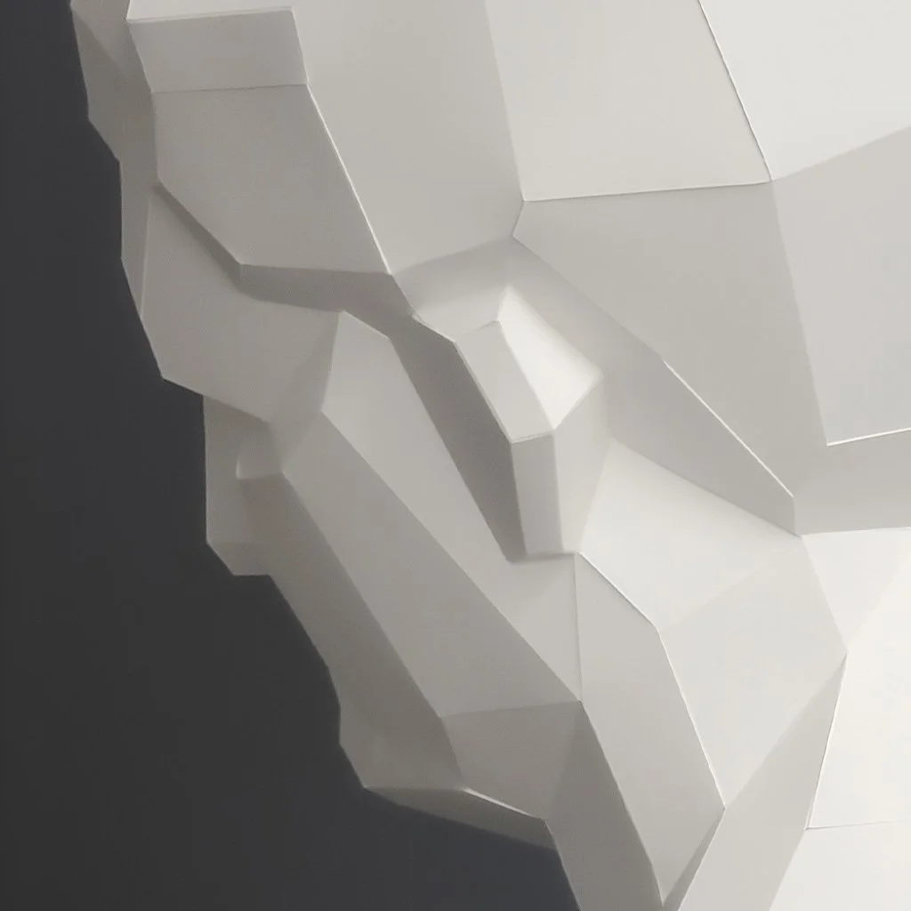 Side angle view of the LUMISCA Agrippa low poly paper art, illustrating the inner logic of supporting surfaces that makes the invisible form reappear.