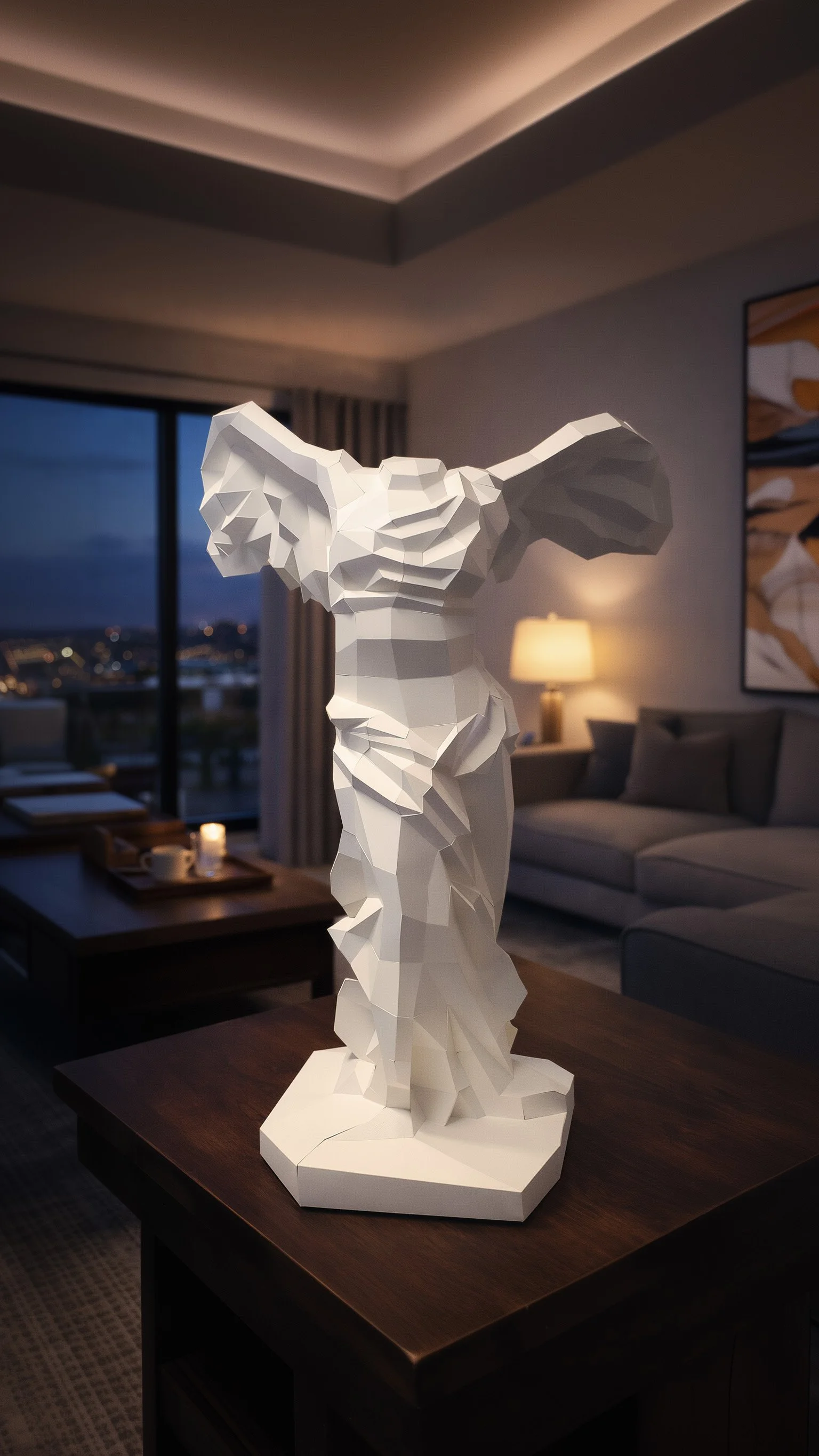 Lumisca paper sculpture inspired by the Nike of Samothrace displayed as modern home decor in a warm living room at night