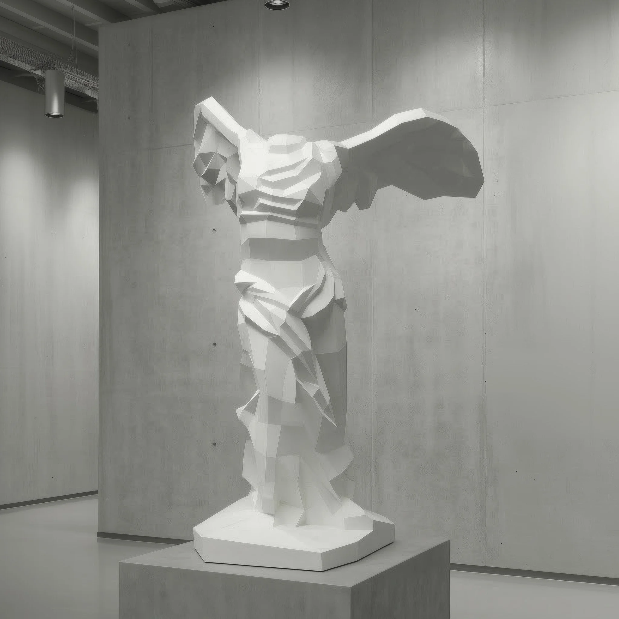 A majestic full-body shot of the LUMISCA Nike low poly sculpture against a concrete background, symbolizing resilience and the triumph of the 'White Line'.