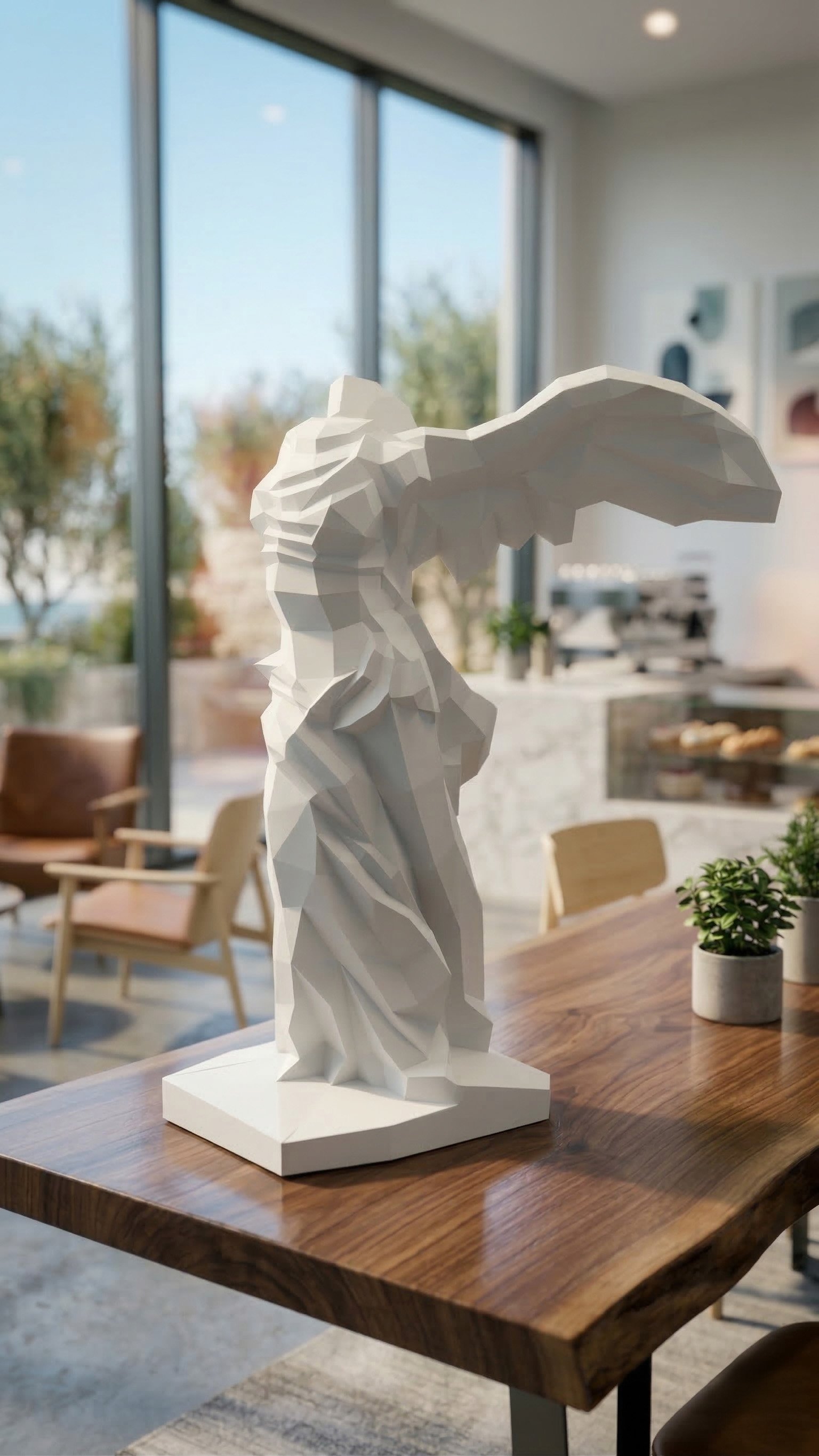 Lumisca Nike of Samothrace paper sculpture displayed as contemporary paper art decor in a bright modern interior
