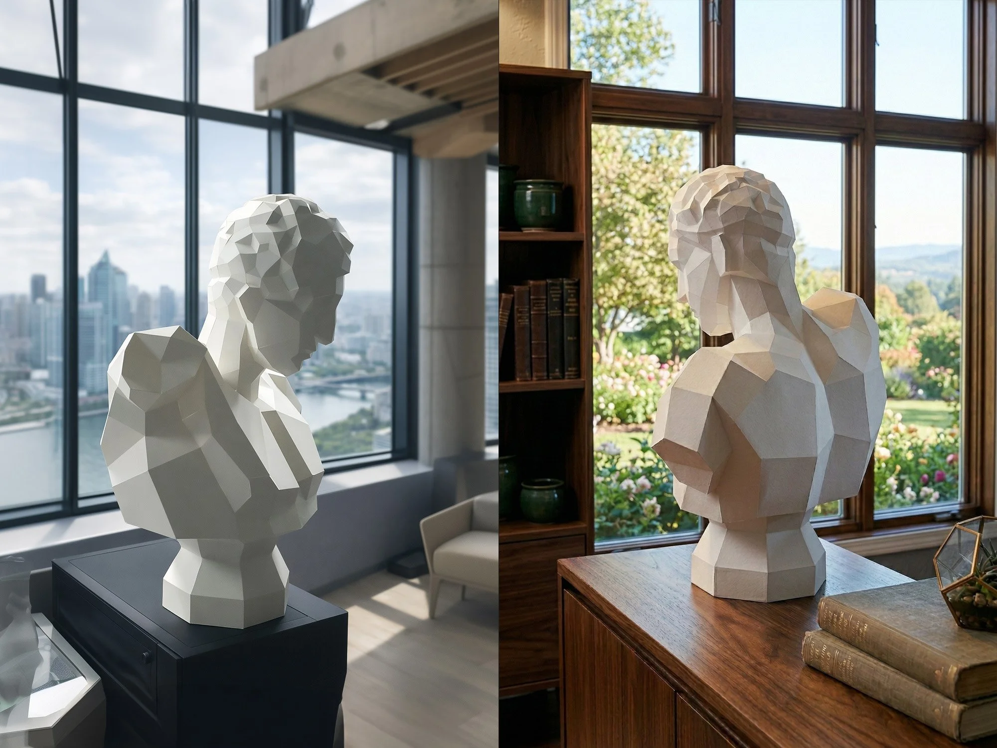 LUMISCA white paper bust of Hermes in a low poly geometric style. This handcrafted 3D paper sculpture represents the messenger of light and resilience, featuring sharp architectural facets and elegant white lines.