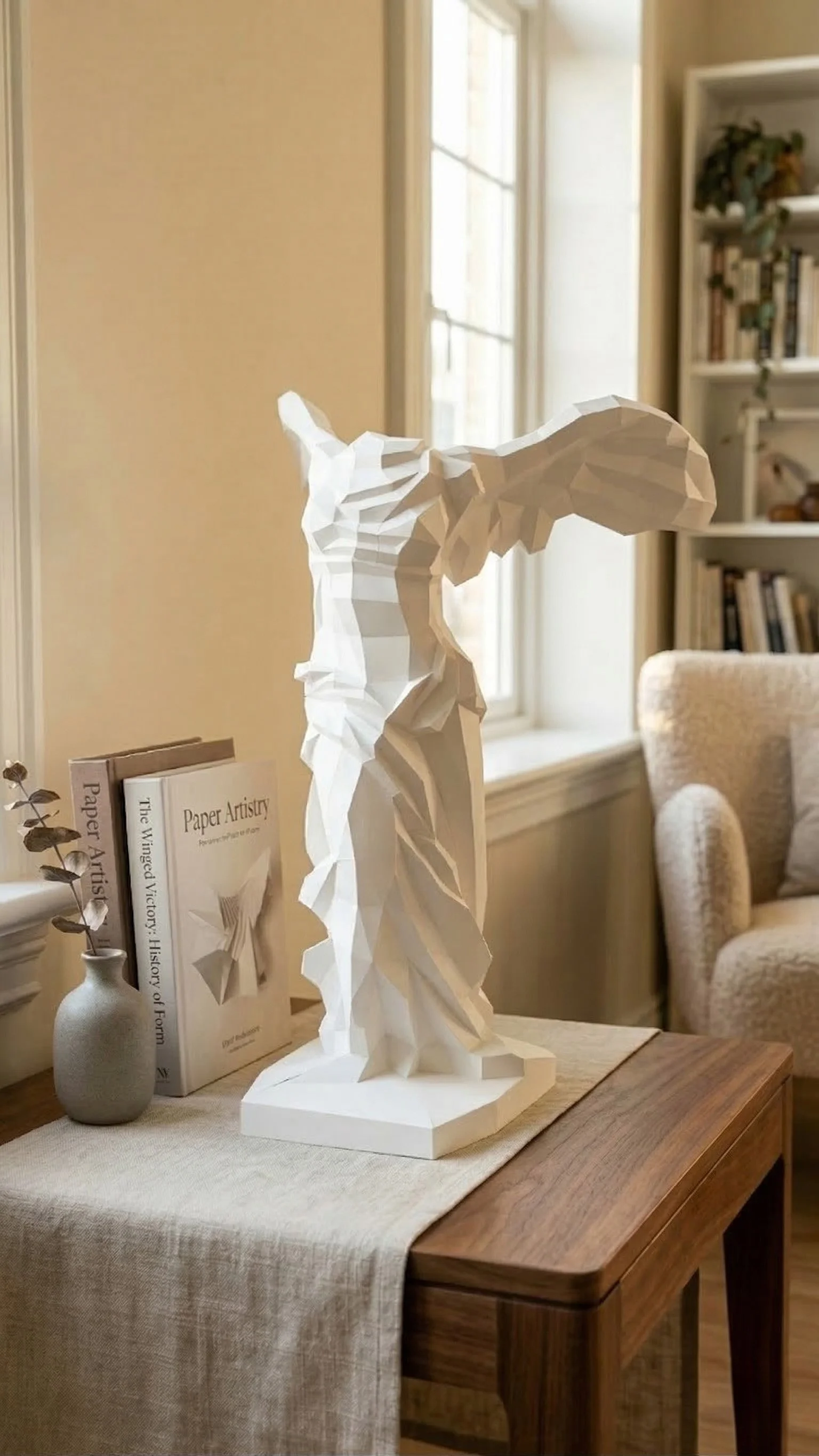 Lumisca paper sculpture inspired by the Nike of Samothrace placed in a warm interior space with natural light