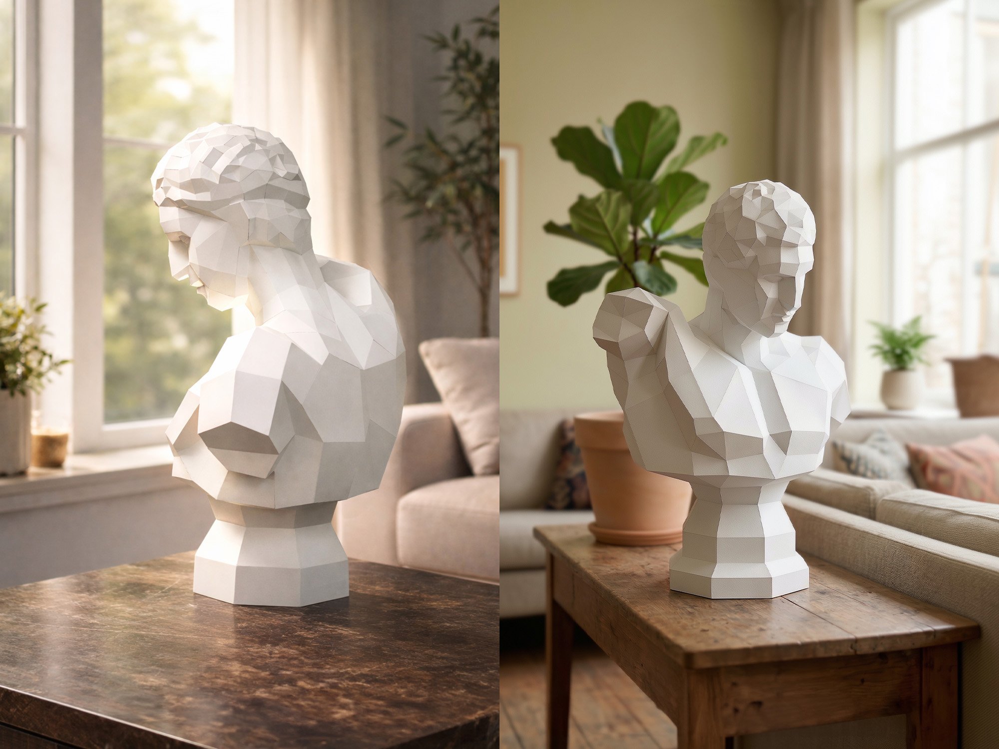 A modern minimalist living room featuring the LUMISCA Hermes paper bust on a wooden table. The natural sunlight creates high-contrast shadows on the geometric sculpture, showcasing the perfect harmony of light and shadow in interior decor.