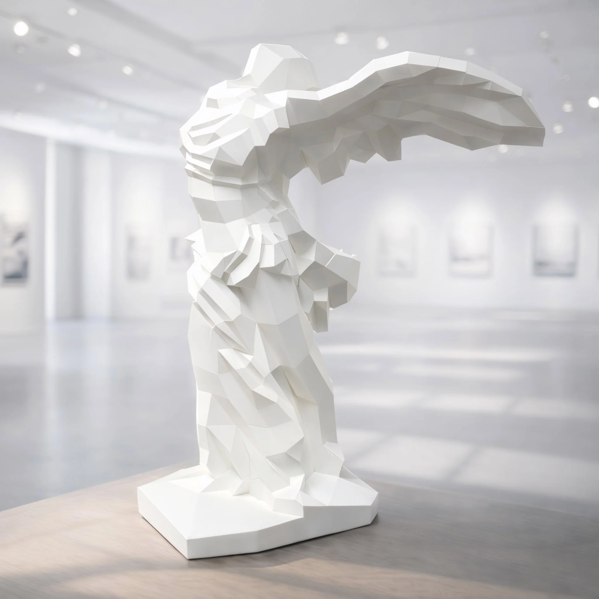 Nike of Samothrace inspired geometric paper sculpture displayed in a gallery interior