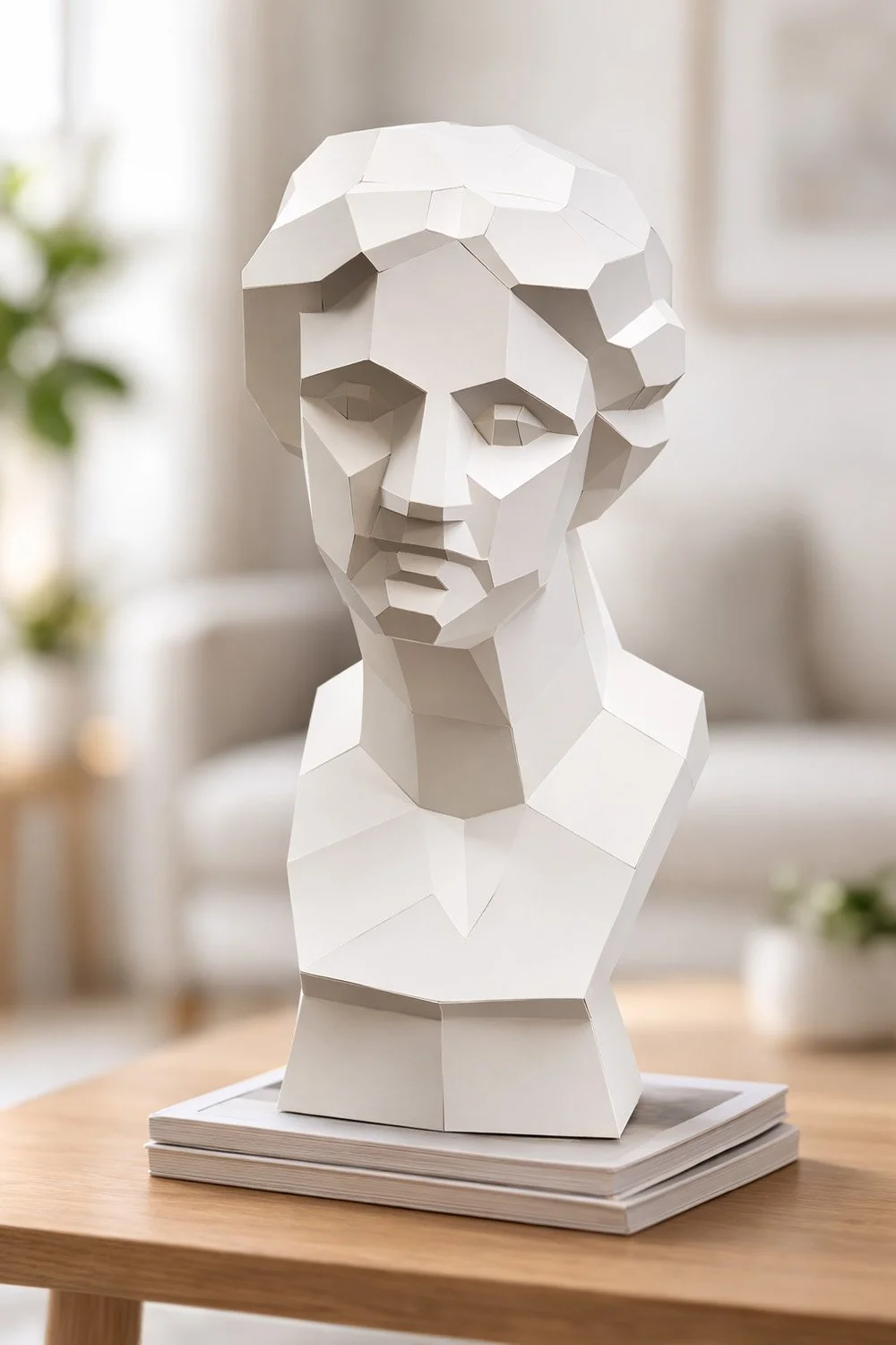 Frontal view of LUMISCA's Venus low-poly bust placed on books, showcasing a serene expression and the 'White Line' mastery on its facial facets in a minimalist interior.