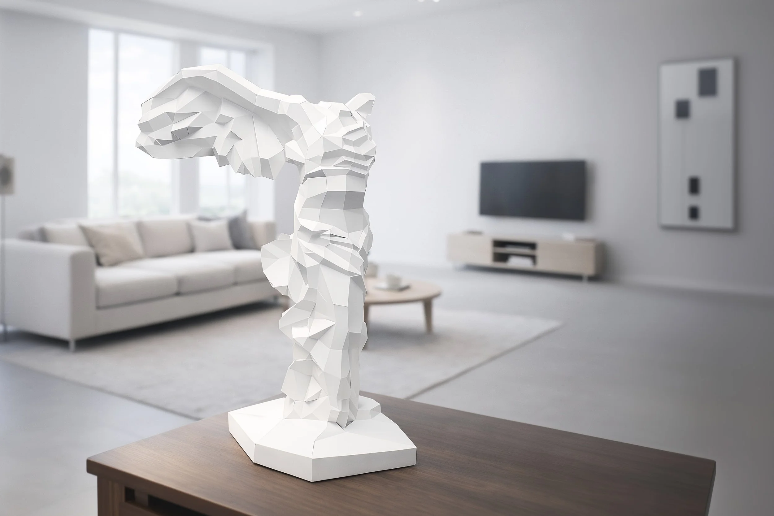 Nike of Samothrace paper sculpture displayed in a modern living room interior