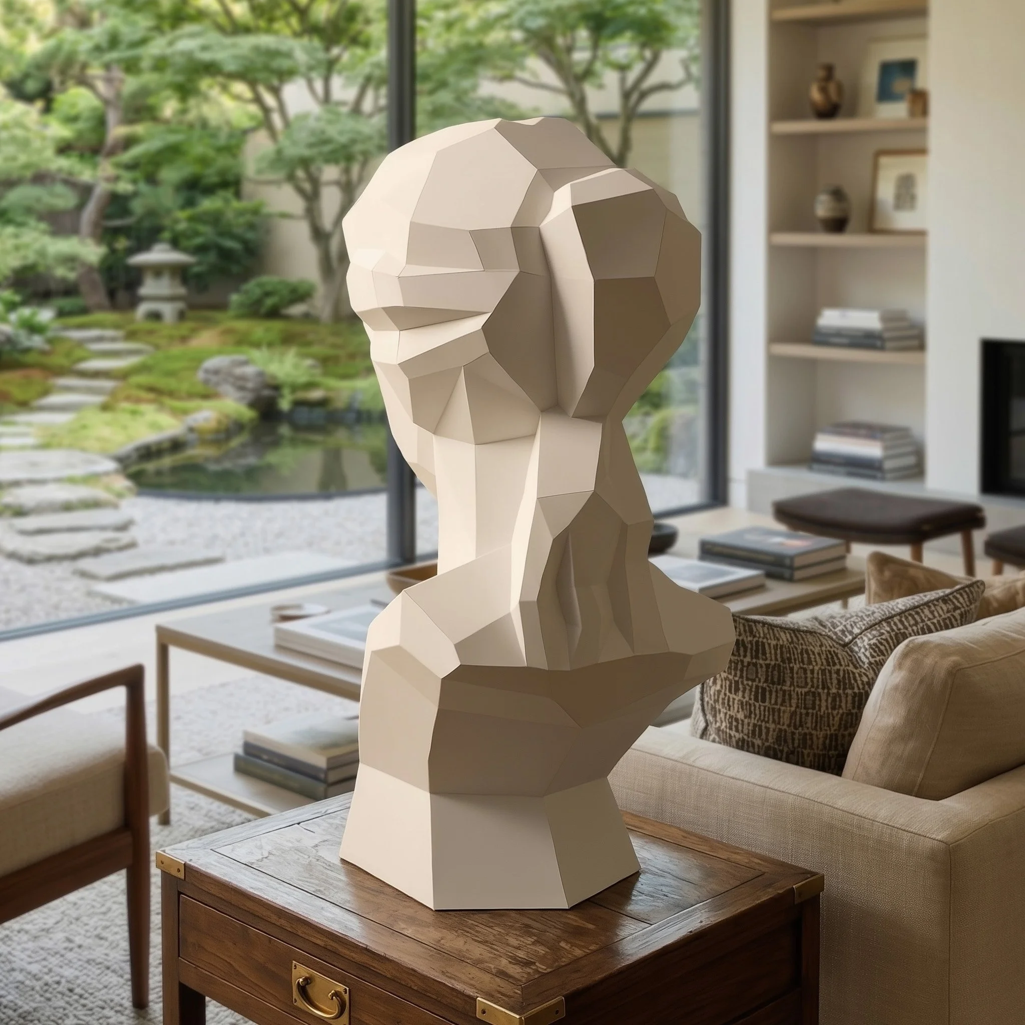 A minimalist LUMISCA paper sculpture of the Venus bust in a serene living room with a garden view, embodying the grounded optimism and 'White Line' philosophy.
