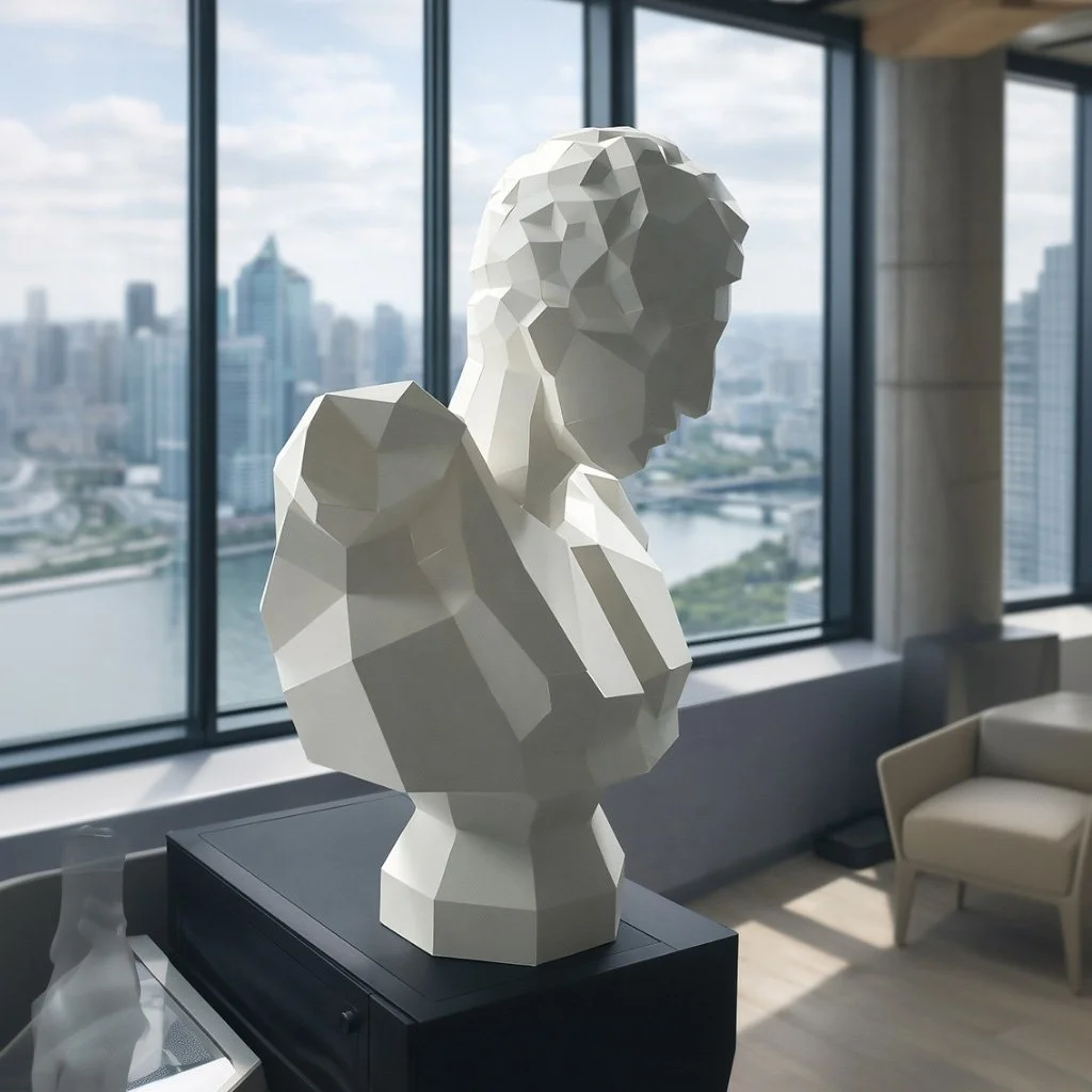 LUMISCA's Hermes paper sculpture overlooking a city skyline from a modern high-rise, serving as an anchor of serenity and resilience in an urban environment.