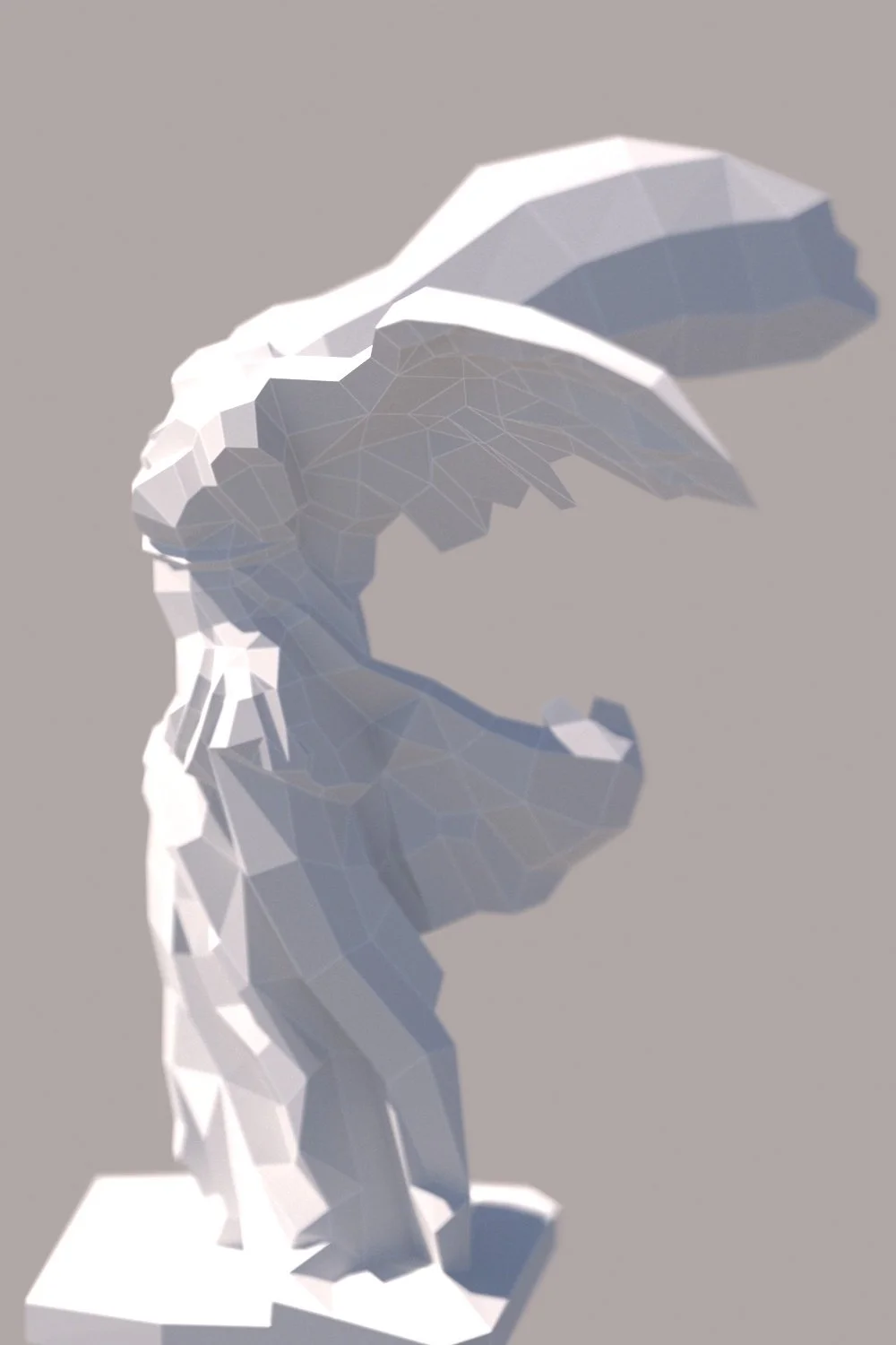 3D wireframe render of the LUMISCA Nike of Samothrace paper sculpture, highlighting the precise geometric modeling and interplay of light and shadow.