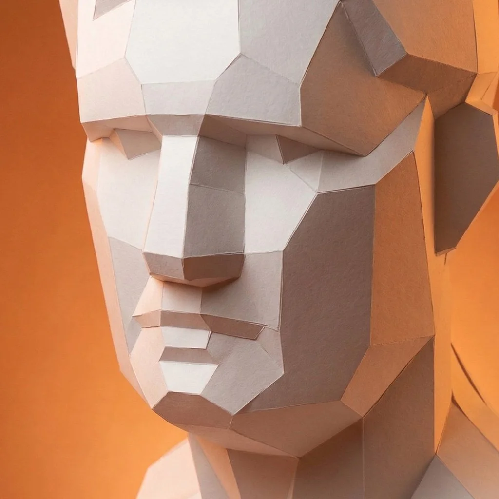 Extreme close-up of the LUMISCA Agrippa paper sculpture under dramatic side lighting, visually proving that the brightest surface cannot stand without the deepest shadow.