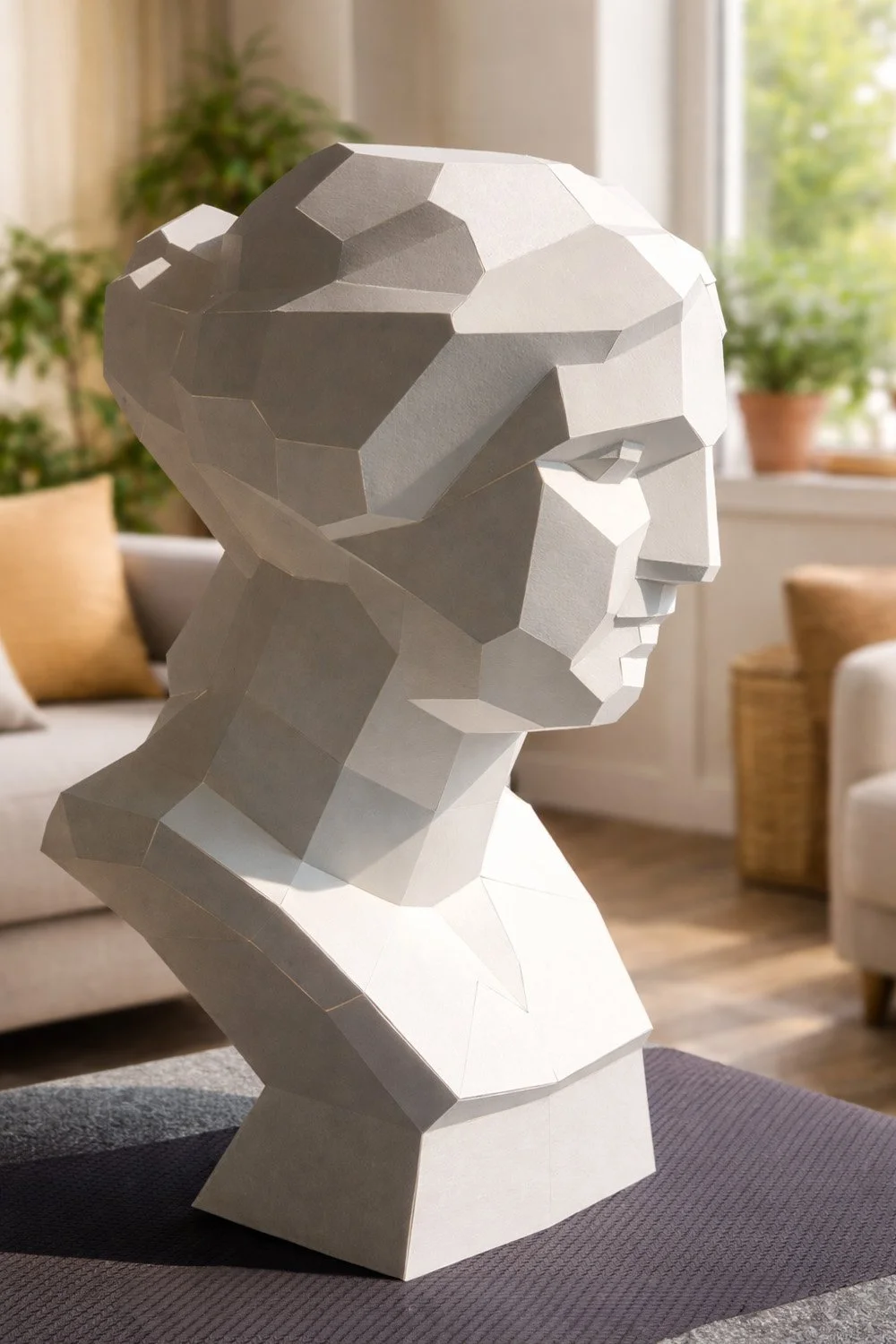 LUMISCA Venus paper sculpture in a warm living room, side profile view highlighting the sharp low-poly jawline and geometric hair structure under soft natural window light.